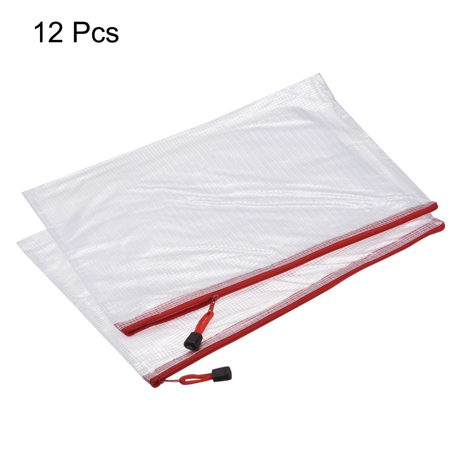 MECCANIXITY Mesh Zipper Bags A4 Size - 12 Pack Red Plastic Document Organizer with Secure Zip Closure for Office, School, Travel & Home Storage | Waterproof File Pouch for Papers, Receipts & Important Documents