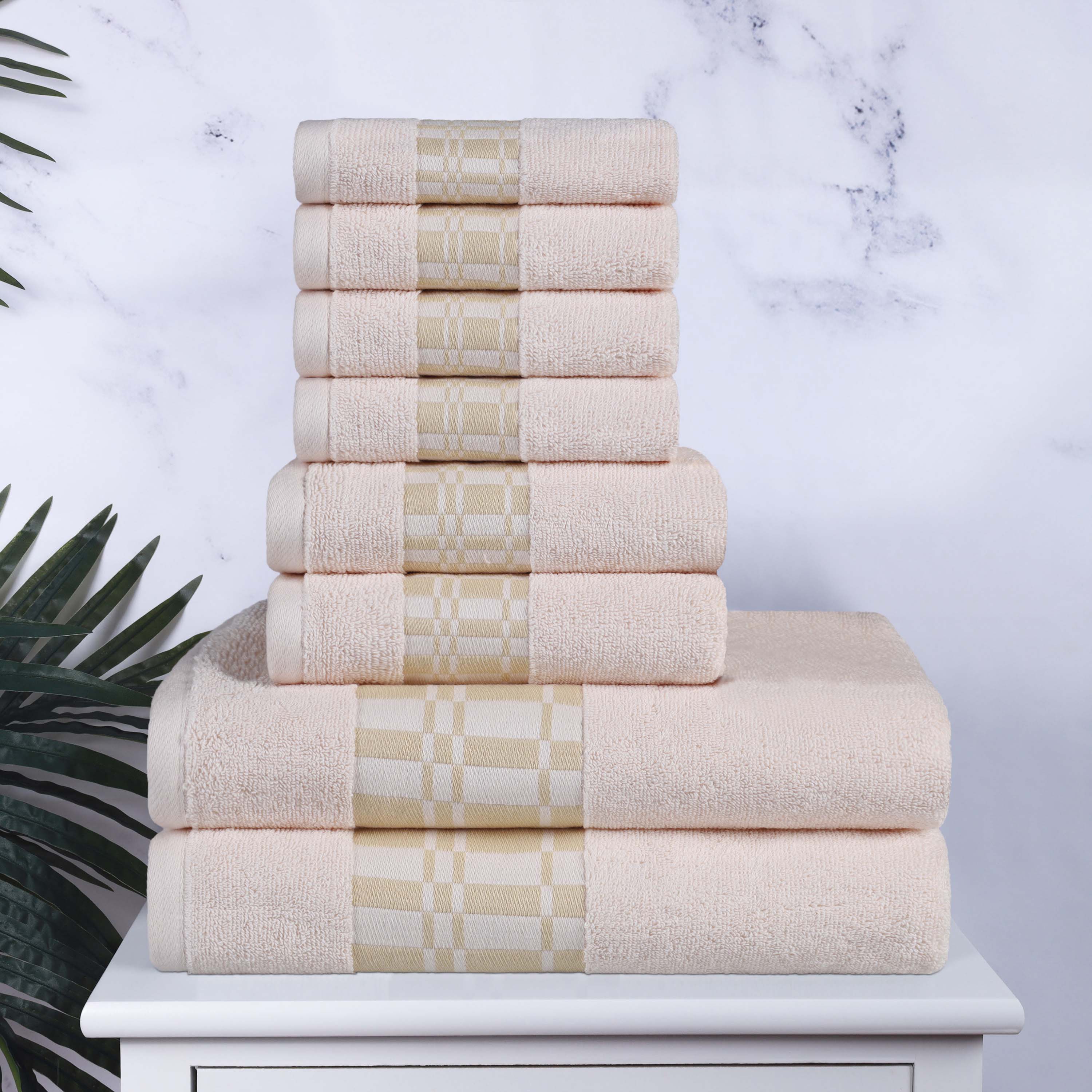 Larissa Cotton Geometric Embroidered Border 8-Piece Towel Set | Soft Bath & Beach Towels for Spa, Pool & Home Decor
