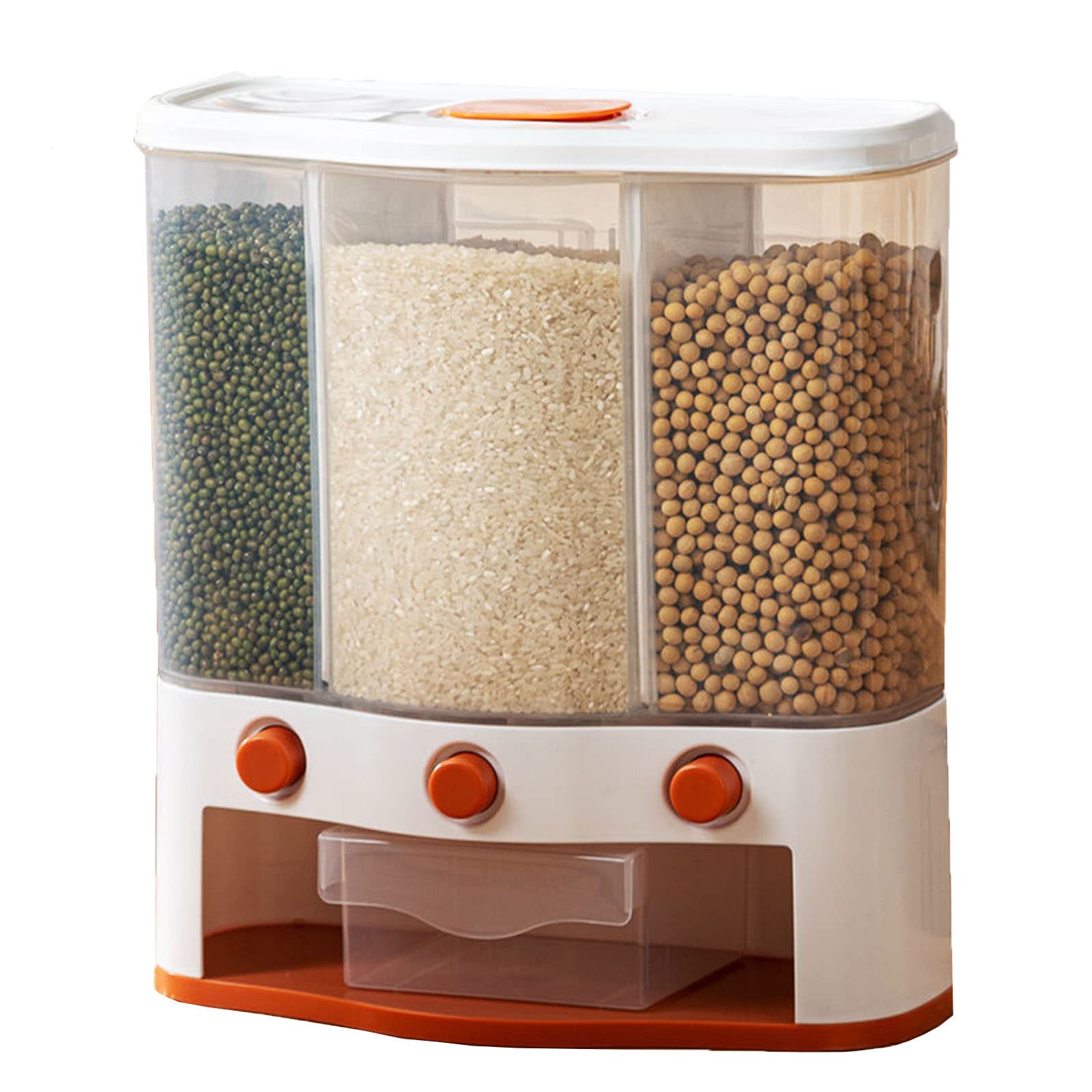 3-Compartment Plastic Rice Dispenser with Lid & Measuring Cup - Automatic Dry Food Storage Container for Grains, Coffee Beans, Cereals & Snacks | Perfect for Kitchen Pantry Organization & Bulk Food Storage