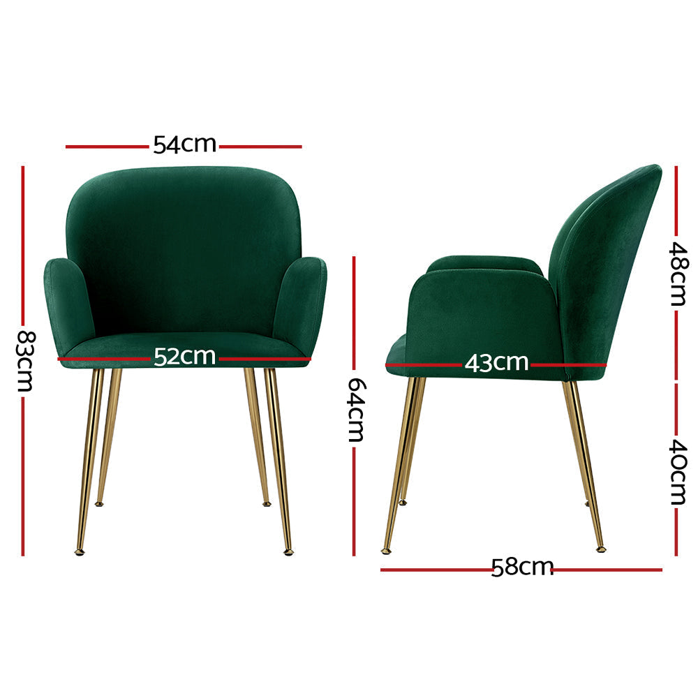 Artiss Set of 2 Velvet Upholstered Dining Chairs - Modern Green Armchairs for Kitchen, Cafe & Home Decor | Comfortable Seating for Restaurants, Breakfast Nook & Living Room