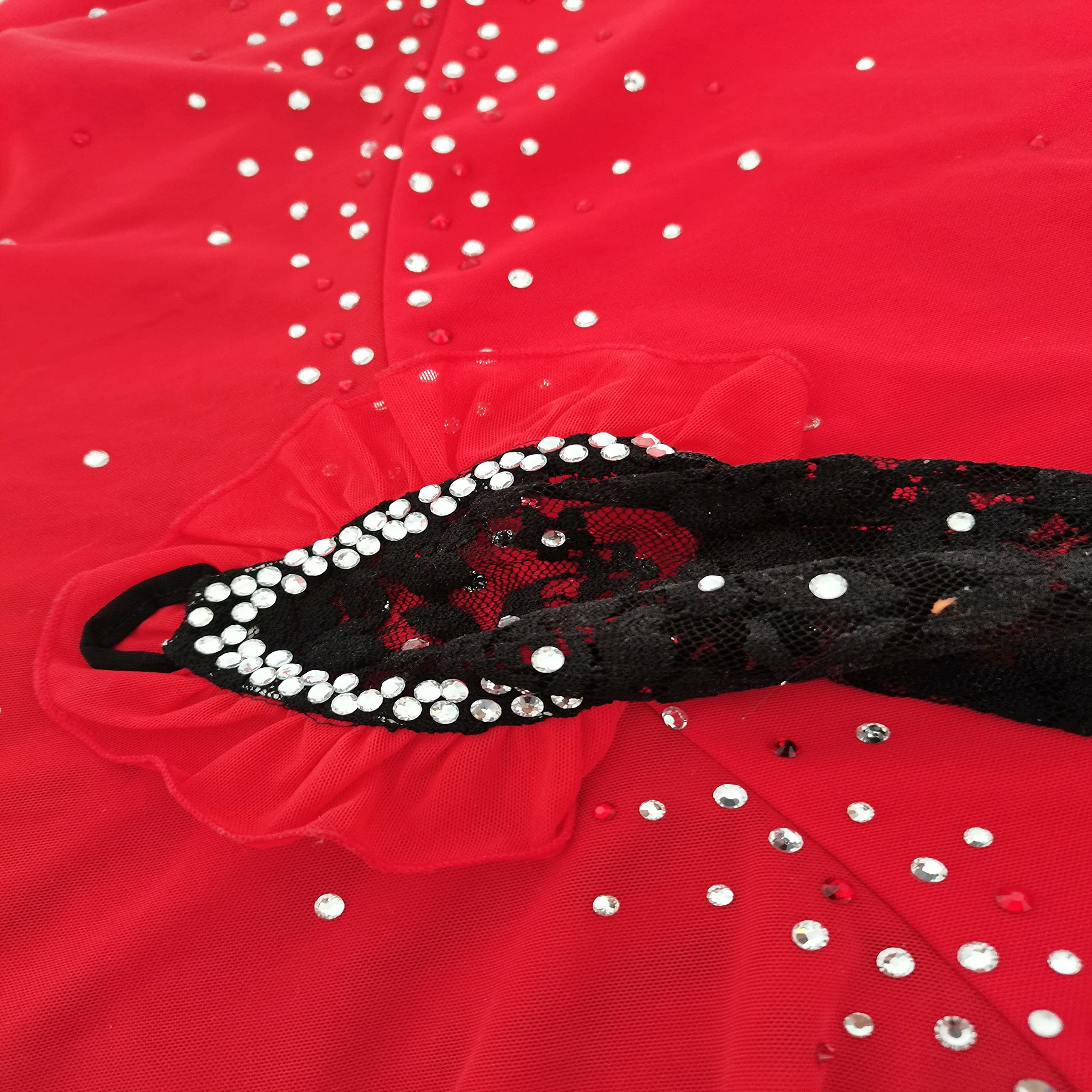 Elegant Black and Red Lace Long Sleeve Figure Skating Dress for Girls & Women - Competition & Performance Ice Skating Outfit - Perfect for Ice Shows, Competitions, and Practice Sessions