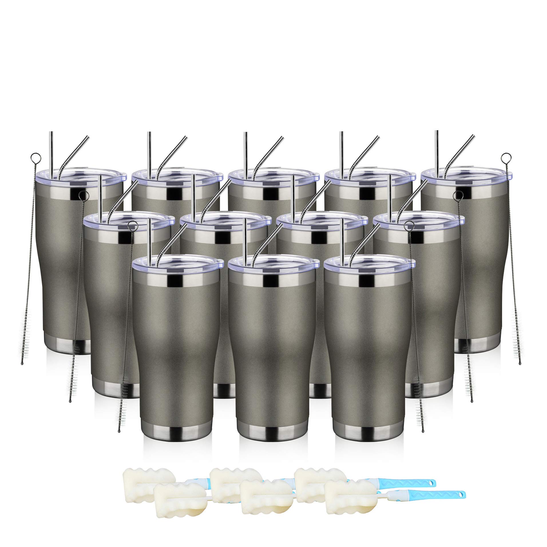 MEWAY 20oz Stainless Steel Tumblers 12 Pack Bulk - Vacuum Insulated Coffee Cups with Lids, Double Wall Powder Coated Travel Mugs for Hot & Cold Drinks, Thermal Cups for Office, Camping, Gifts (Cold Gray, Set of 12)