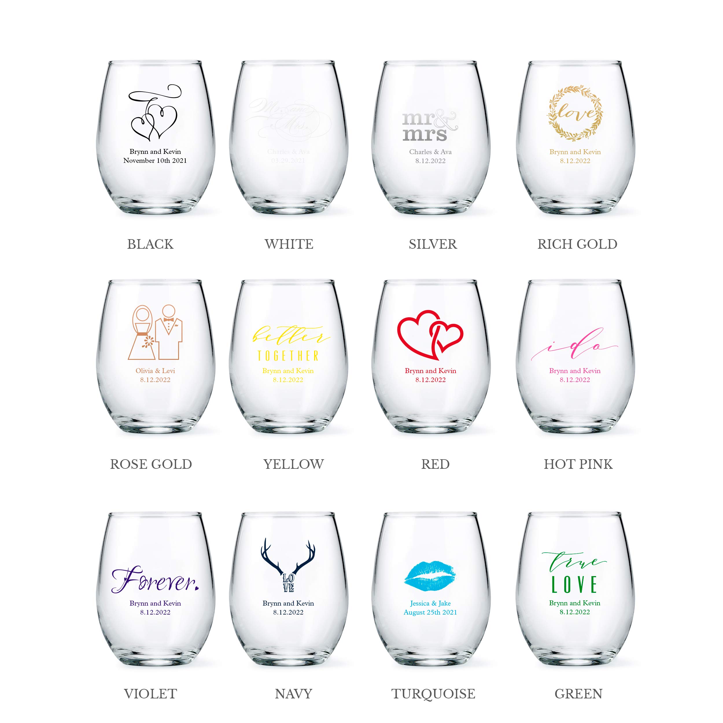 Personalized Stemless Wine Glasses 9oz (132 Pack) - Custom Wedding Favors, Bridal Shower Gifts & Party Drinkware for Celebrations