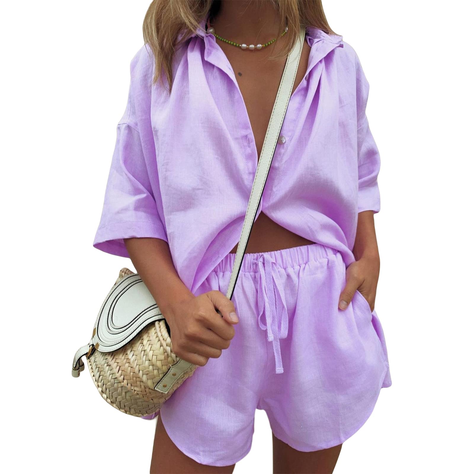 NUFIWI Women's Casual Two Piece Outfits Set - Oversized Long Sleeve Shirt & High Waist Shorts - Summer Tracksuit Loungewear for Streetwear, Travel & Home Relaxation