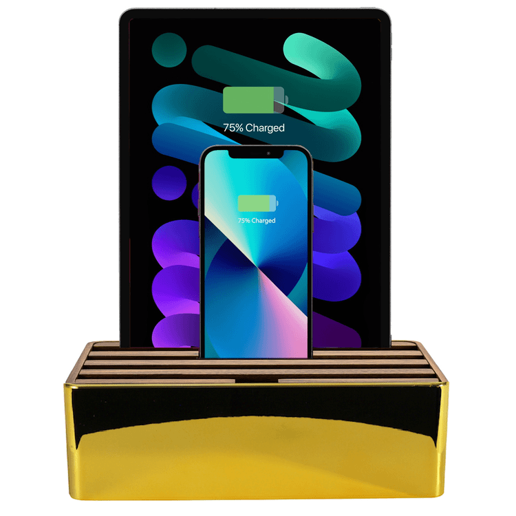 ALLDOCK Classic Gold & Walnut Wood Charging Station - Premium USB Hub for Multiple Devices | Perfect for Home, Office & Travel Organization