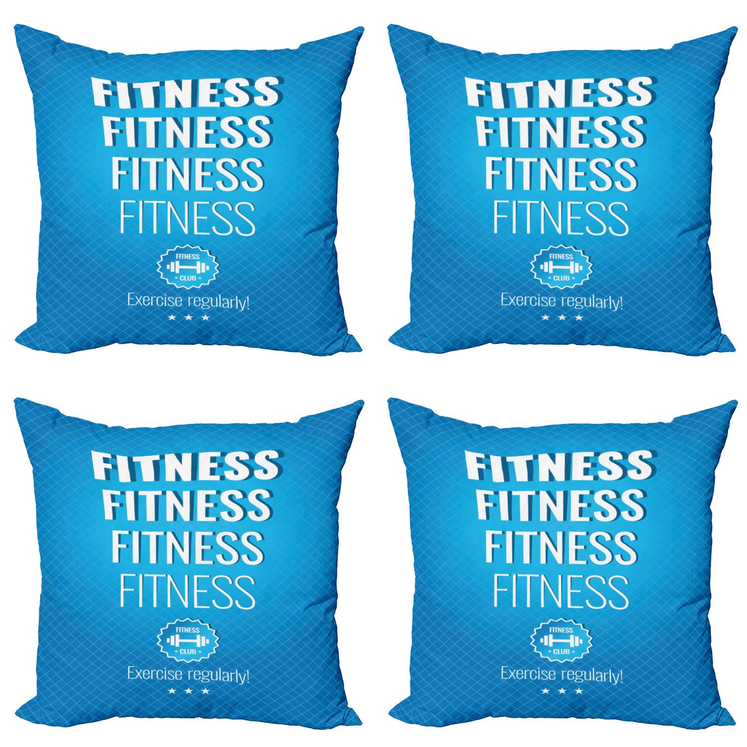 Ambesonne 4-Pack Fitness Motivational Throw Pillow Covers - 18 Inch Exercise Themed Cushion Cases with Checkered Typography for Sofa, Living Room & Car - Pale Blue & White - Perfect for Gym Enthusiasts & Home Decor