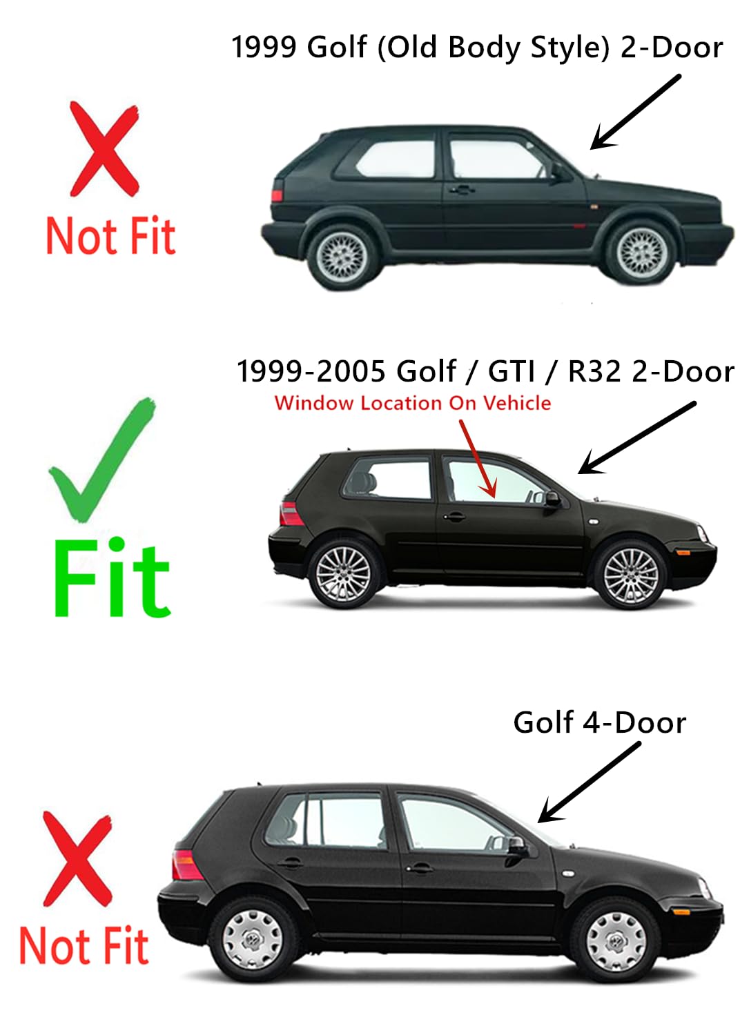Passenger Side Window Glass Replacement for Volkswagen GTI 1999-2005, Golf 1999-2005 & R32 2004-2005 2-Door Hatchback Models - OEM Fit, Easy Installation - Perfect for Auto Glass Repair & Replacement