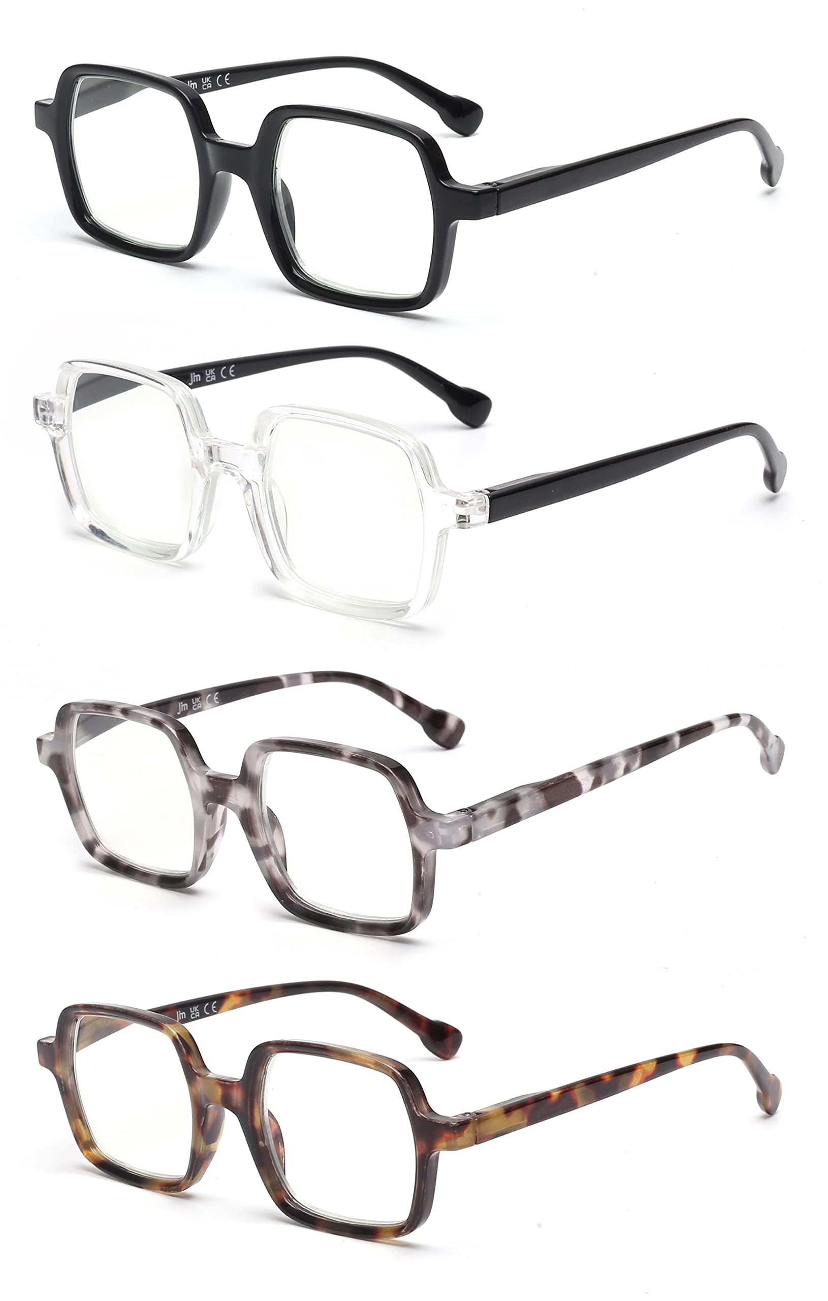 JM 4 Pack Square Reading Glasses - Blue Light Blocking Computer Glasses for Women & Men with Spring Hinge - Perfect for Office Work, Gaming & Screen Time
