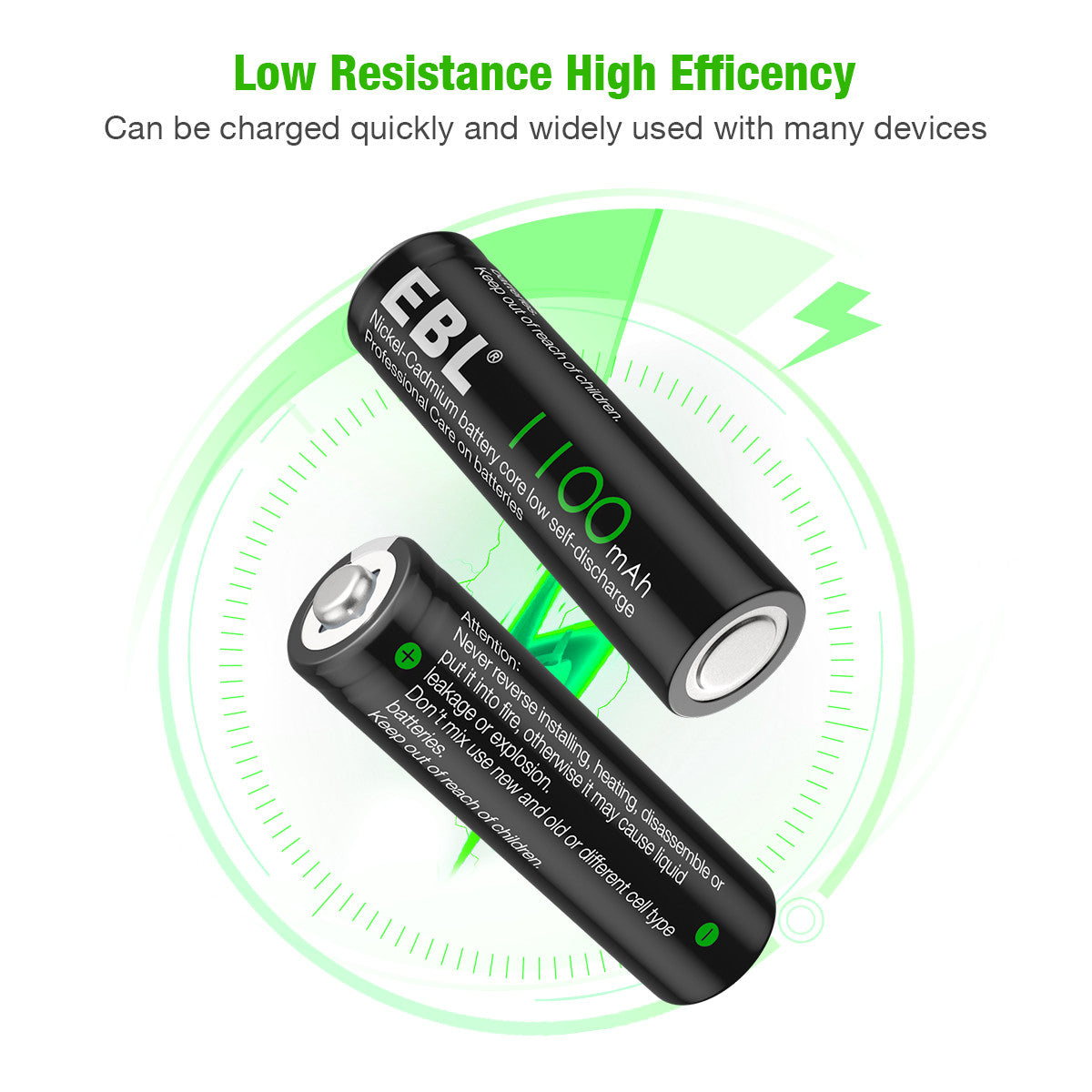 EBL AA Ni-Cd Rechargeable Batteries 1.2V 1100mAh - 8 Pack High Capacity Batteries for Flashlights, Toys, Remote Controls & More - Long Lasting Power Solution