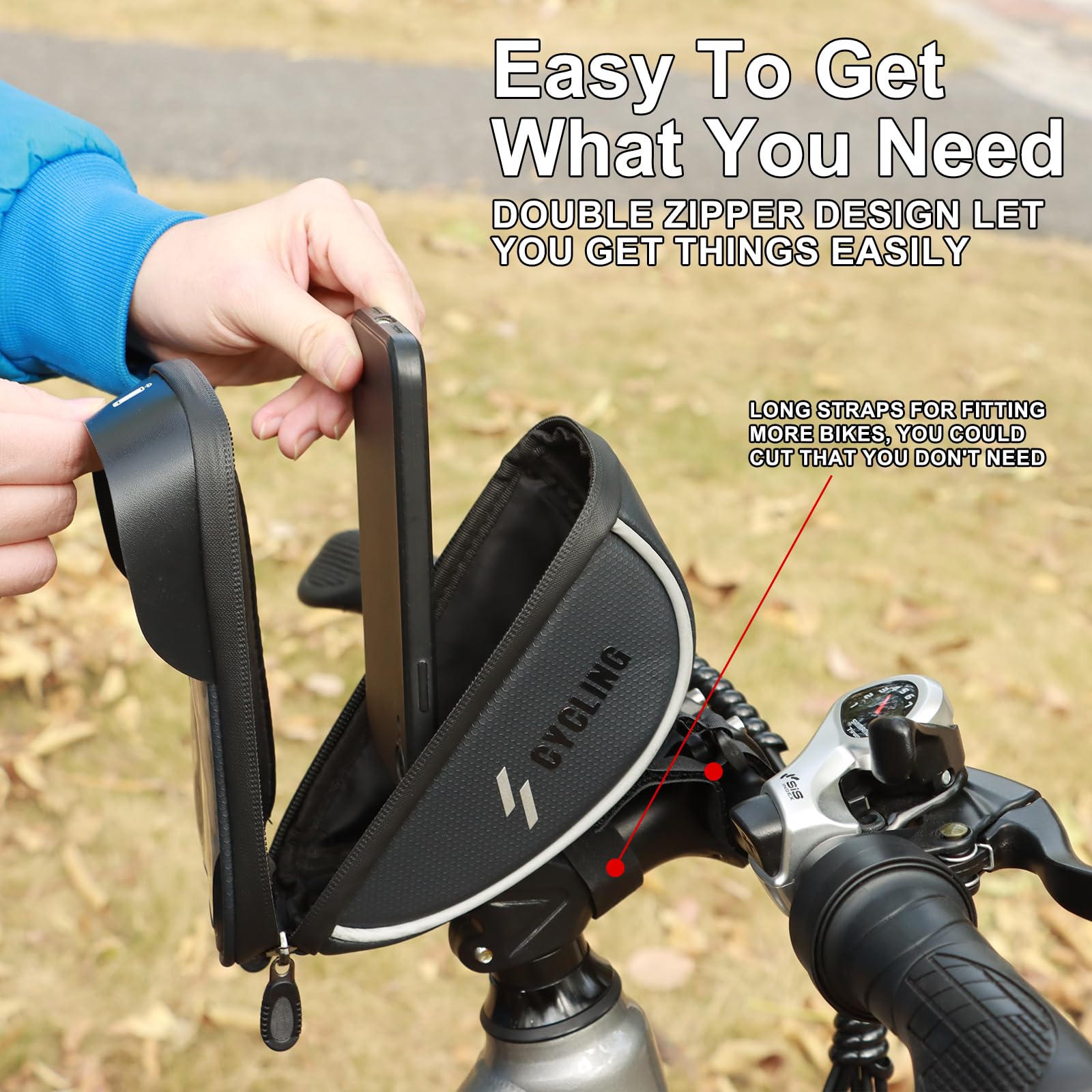 Waterproof Bike Phone Holder Bag - Bicycle Handlebar Mount Pouch for iPhone 16/15/14/13/12 & Samsung Phones Under 6.5