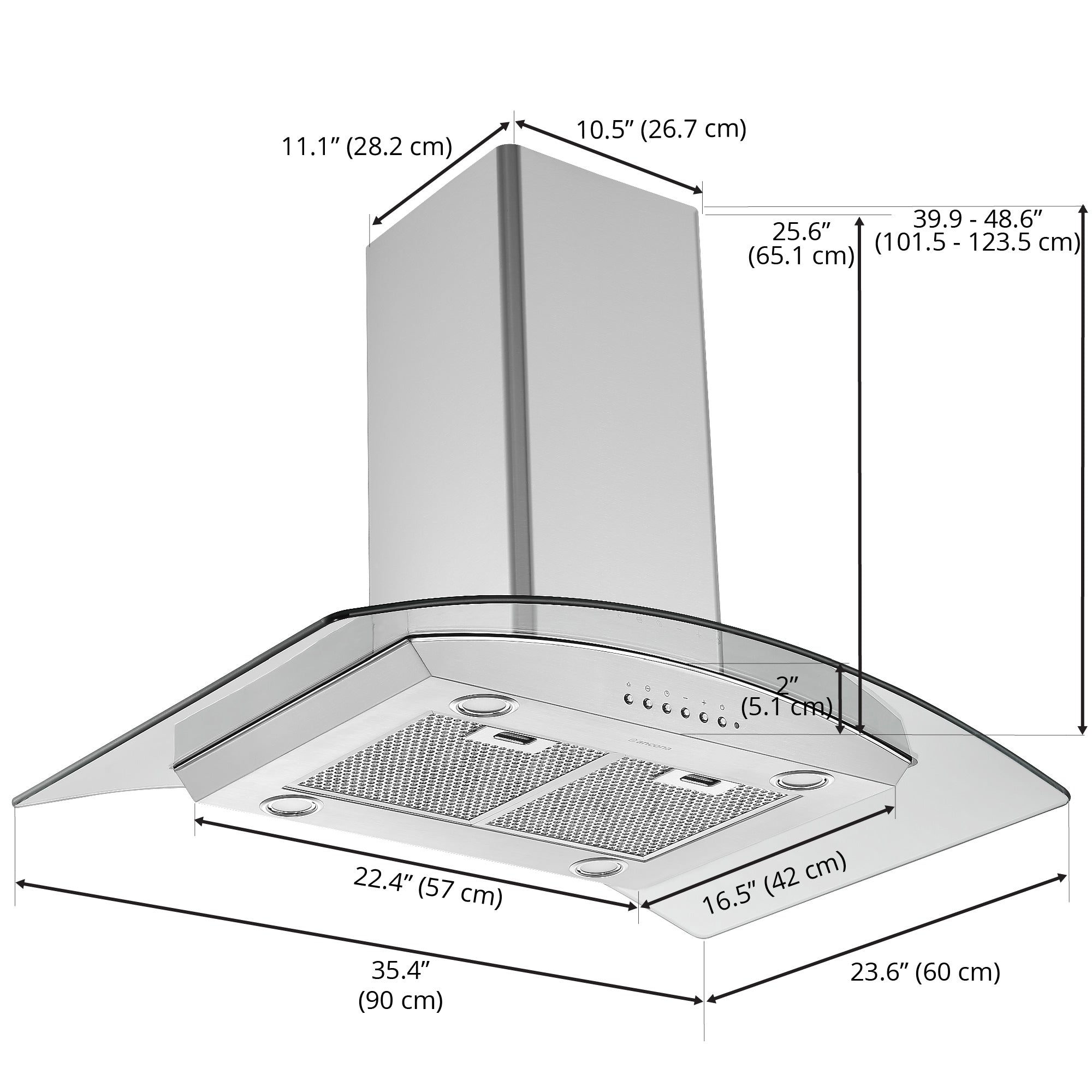 36 Inch Convertible Island Glass Canopy - Stainless Steel Range Hood for Modern Kitchen | Perfect for Open Kitchen, Restaurant & Home Cooking