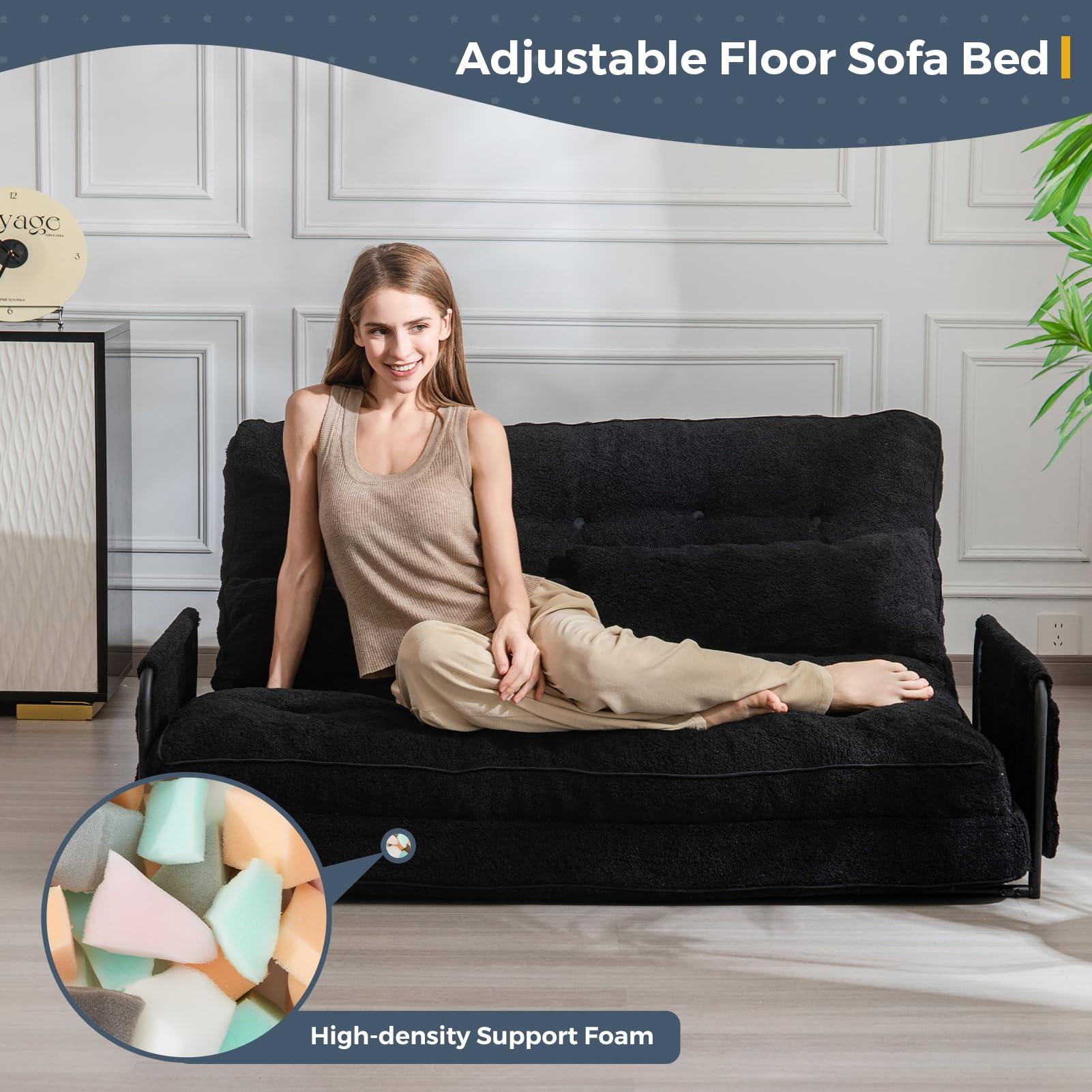 MAXYOYO Adjustable Floor Sofa Couch with 2 Pillows - Boucle Convertible Lazy Sofa Sleeper Bed with Armrest for Living Room, Bedroom & Small Spaces - Double Size in Black - Perfect for Lounging, Napping & Guest Sleeping