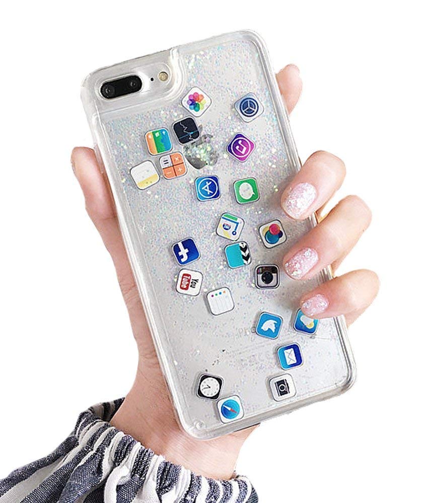 UnnFiko Liquid Glitter Phone Case for iPhone 7/8 - Colorful Bling Quicksand Hard Back Cover with Shiny iOS Icon Design | Perfect for Parties, Gifts & Everyday Glam Style