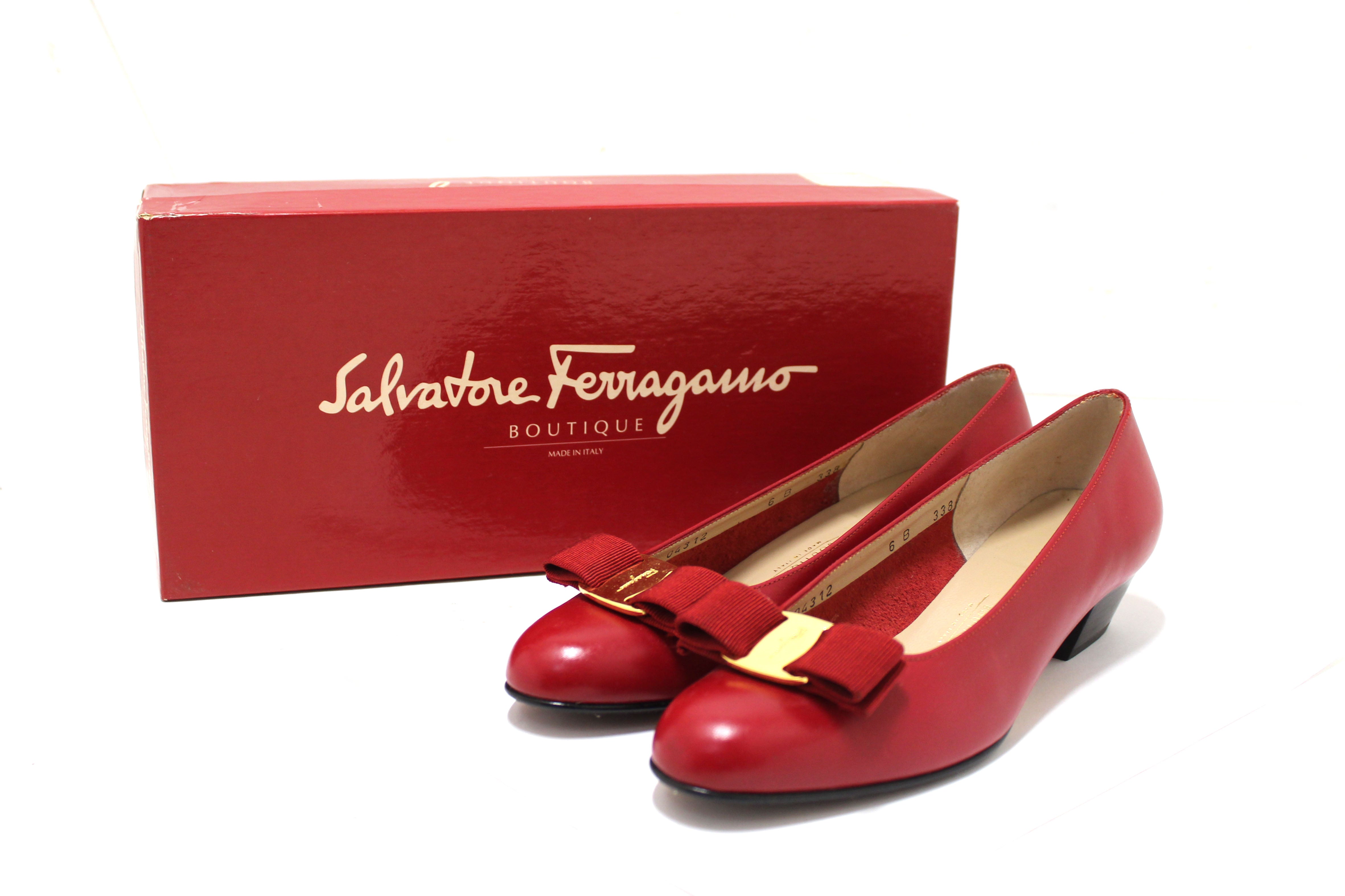Authentic Salvatore Ferragamo Women's Red Leather Kitten Heel Pumps with Bow - Size 6B (US) - Perfect for Office, Cocktail Parties & Special Occasions