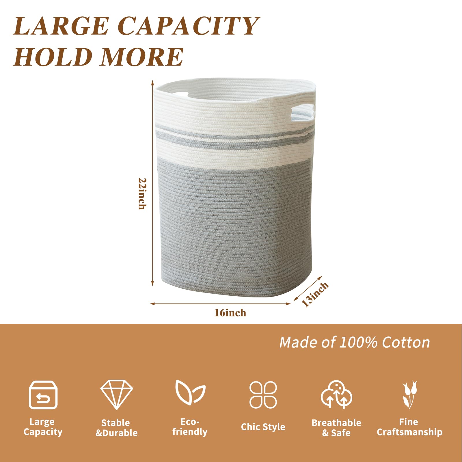 Casaphoria Woven Rope Laundry Hamper Basket - 16x13x22 Inches Light Gray - Stylish Clothes & Blanket Storage Organizer for Bedroom, Living Room & Bathroom - Perfect for Dirty Laundry, Towels & Home Decor
