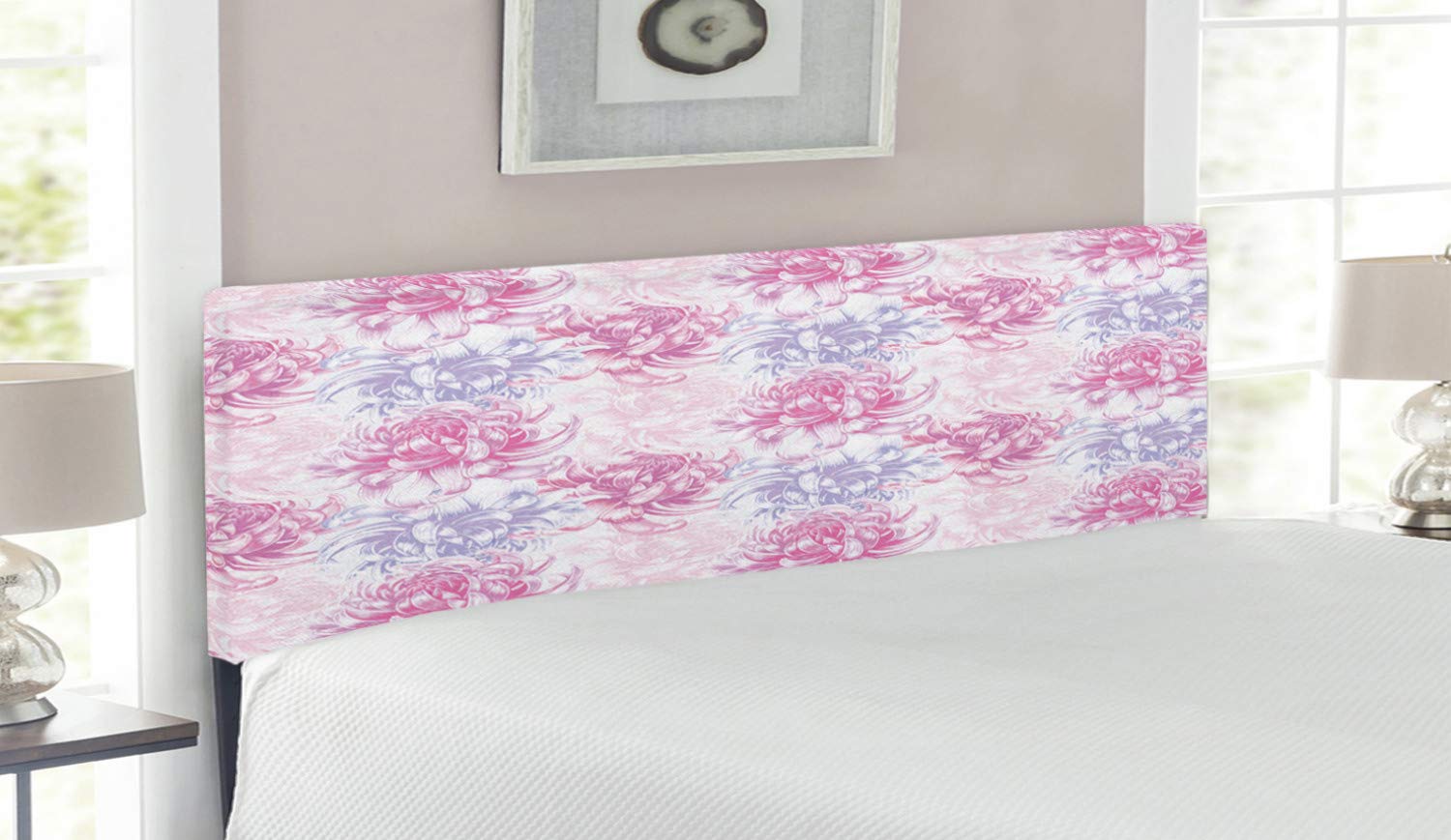 Ambesonne Floral Upholstered Headboard - Queen Size Pink & White Chrysanthemum Design with Memory Foam - Romantic Bedroom Decor for Master Bedroom or Guest Room