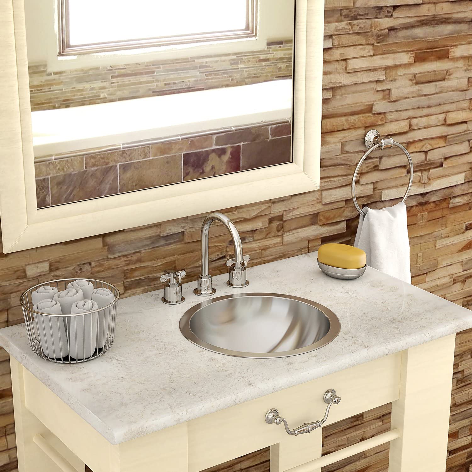 DECOLAV Teanna Polished Stainless Steel Round Drop-in or Undermount Bathroom Sink - Perfect for Modern Homes, Hotel Renovations & Commercial Restrooms