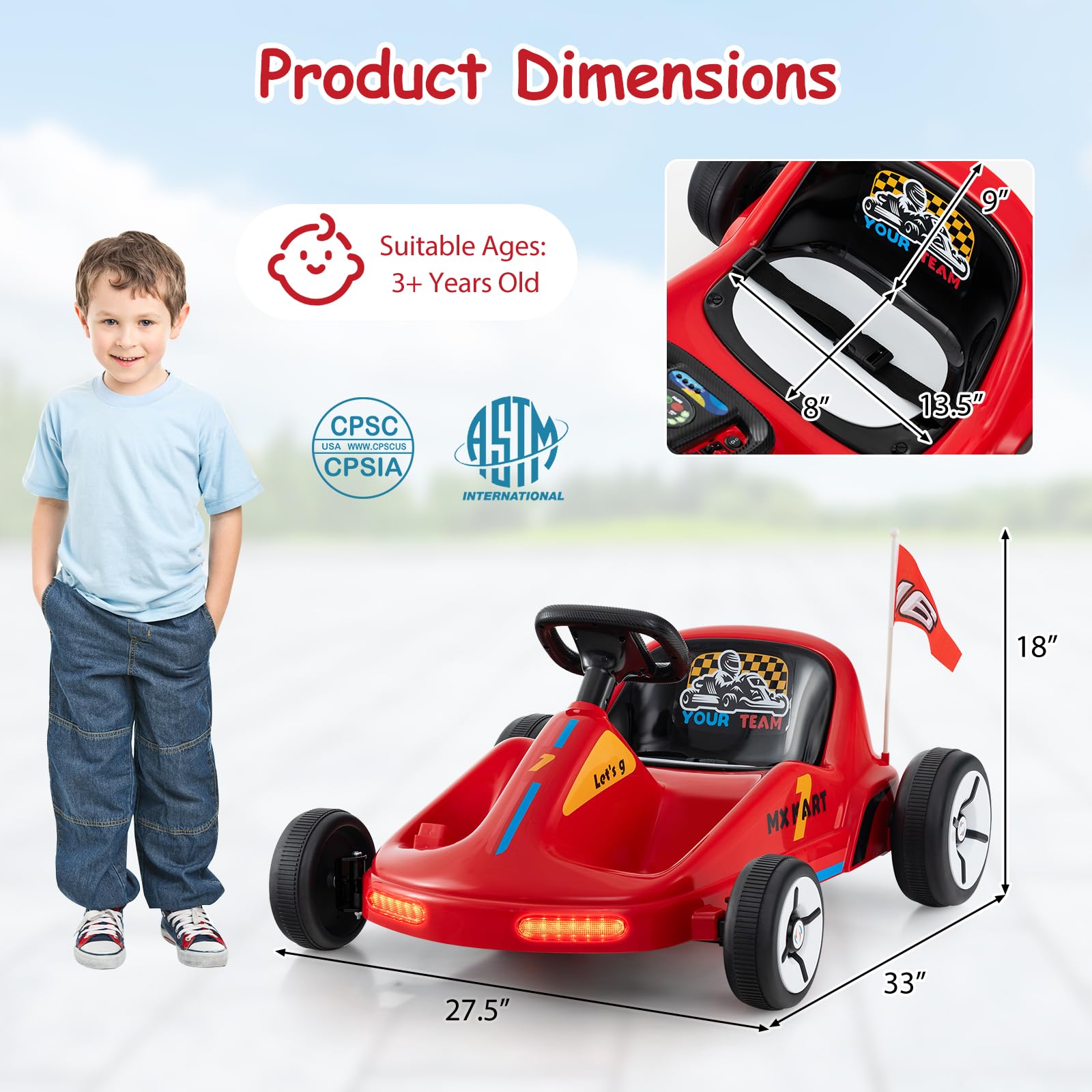 Costzon 12V Kids Electric Go Kart with Remote Control - 7AH Battery Powered Ride-On Toy Car for Ages 3+, LED Lights, Music & Story Mode - Perfect for Outdoor Play, Birthday Gifts & Backyard Racing (Red)