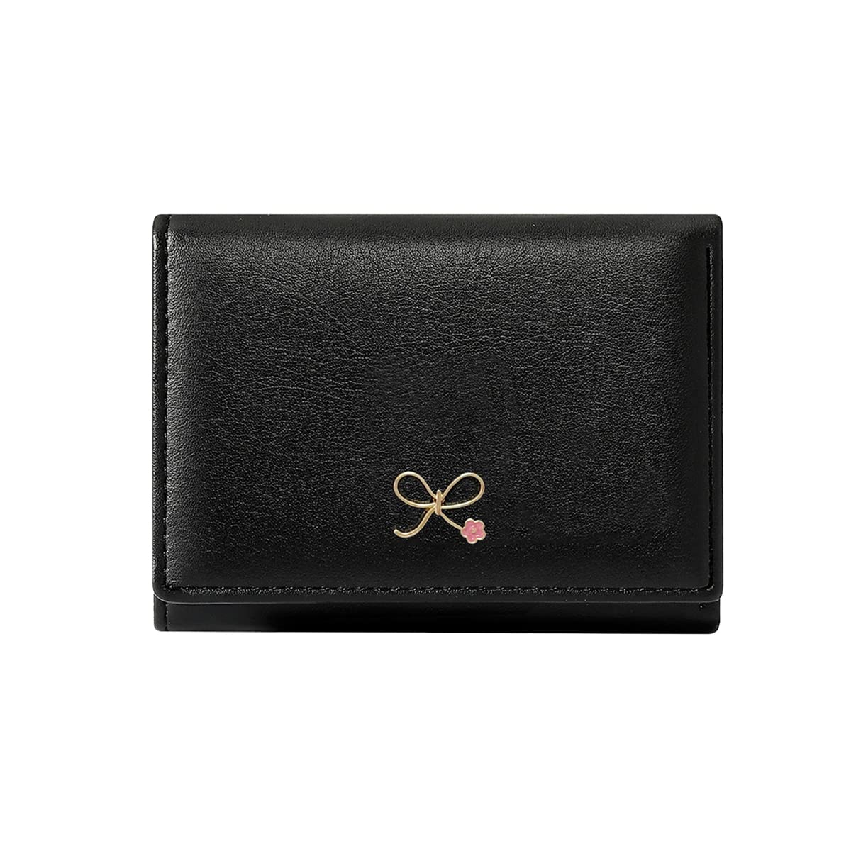Cute Tri-Fold Wallet for Women & Girls - Pink Stone Bow Design with Cash Pocket, Card Holder & ID Window - Perfect for Daily Use, School, Travel & Gift (Black, Bow Stone)