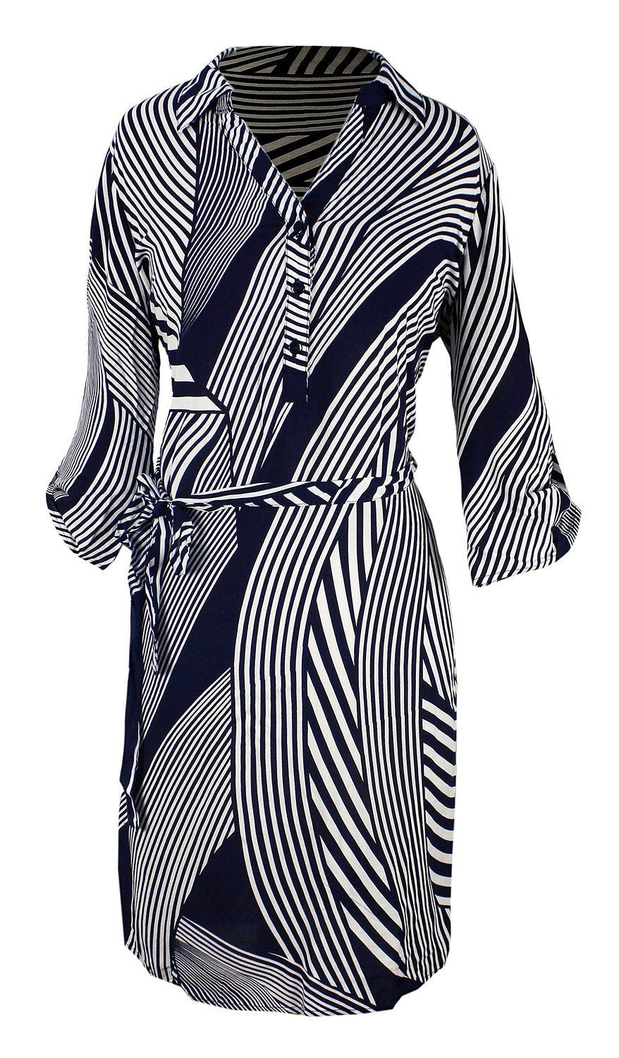 Women's Stylish Multi-Pattern Button V-Neck Shift Dress with 3/4 Sleeves - Perfect for Office, Party & Casual Wear