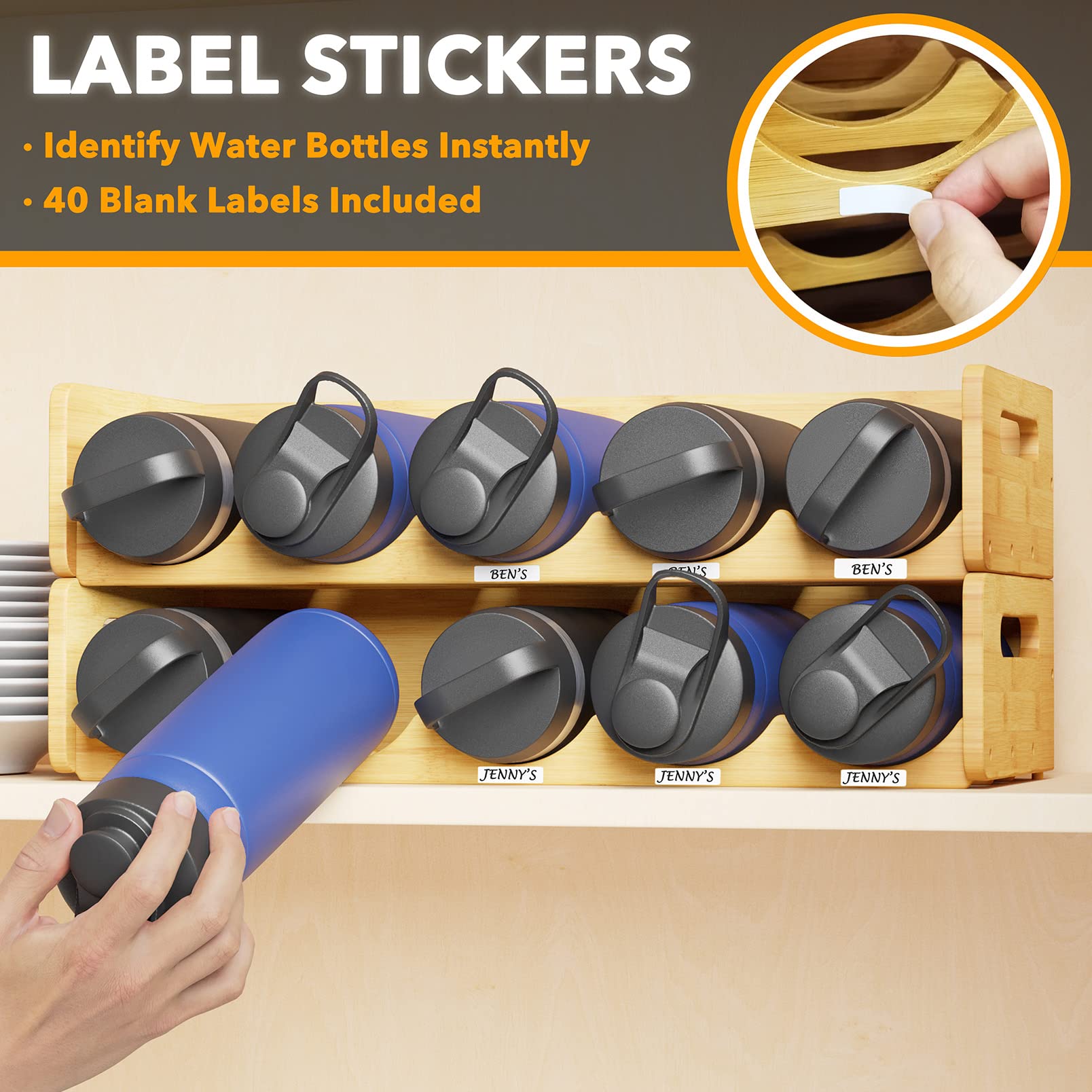 SpaceAid 2-Pack Bamboo Water Bottle Organizer with Labels - 5-Slot Kitchen Pantry Storage Rack for Cabinets, Home Cup & Wine Bottle Holder Shelf - Holds 10 Bottles - Perfect for Kitchen, Pantry, Office & RV Organization