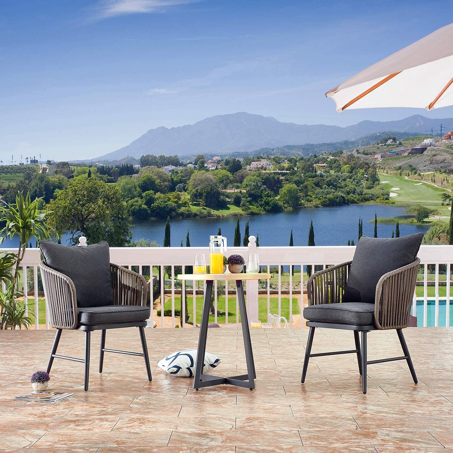 LOKATSE HOME 3-Piece Outdoor Patio Rattan Wicker Bistro Set with Table - Grey Balcony Furniture for Porch, Garden, Poolside & Backyard Relaxation