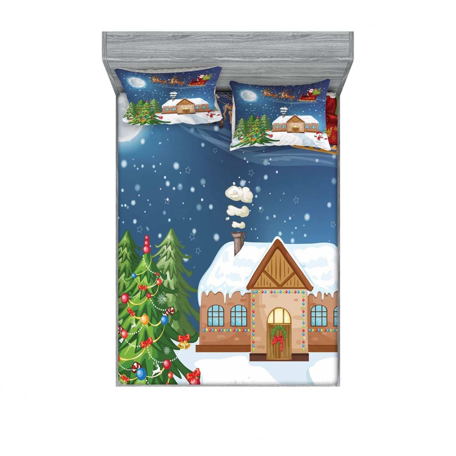 Ambesonne Christmas 2-Pack Queen Size Fitted Sheet & Pillow Sham Set - Santa with Rudolf Holiday Bedding (4-Piece Set, Multicolor) for Festive Bedroom Decor