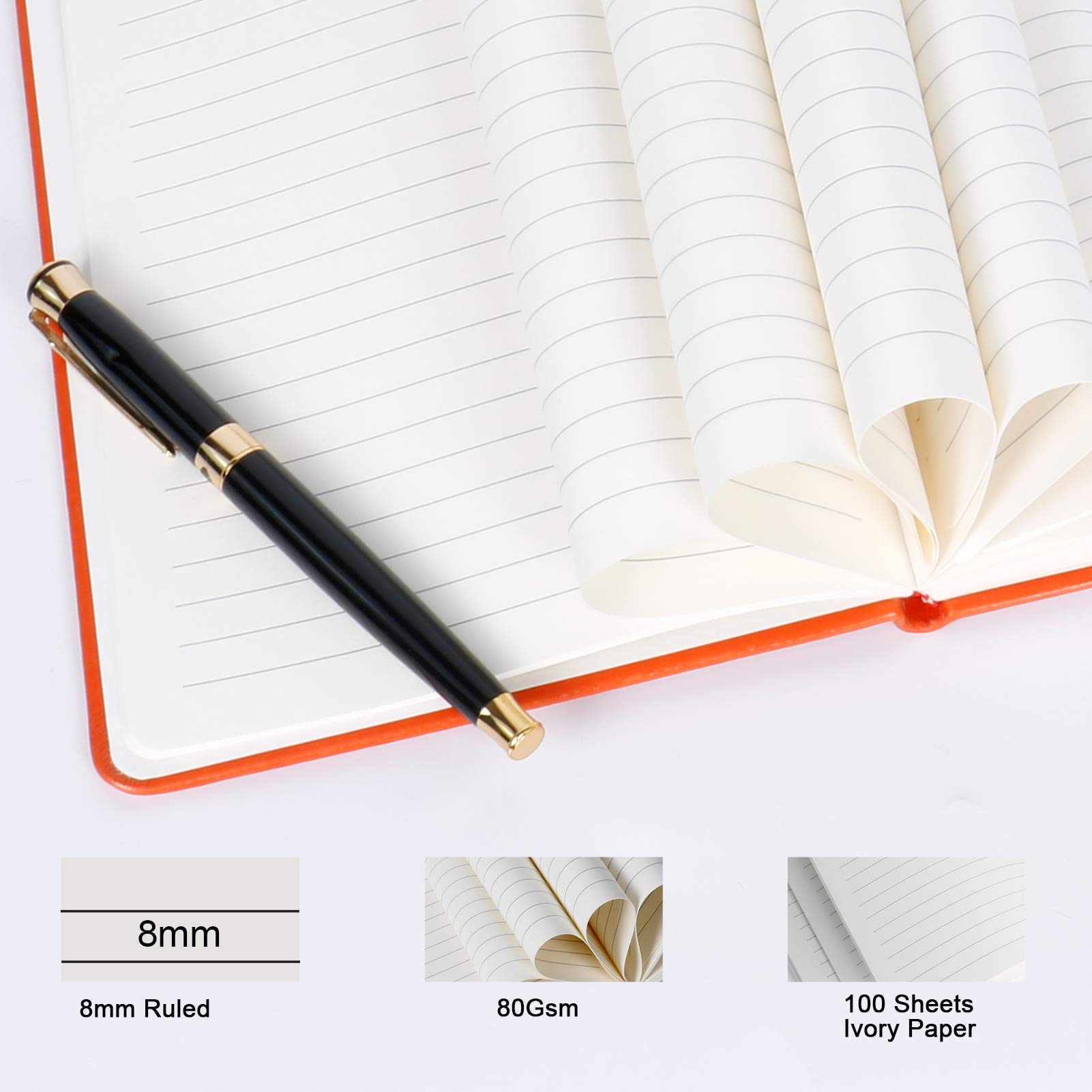 Premium Leather Lined Journal Notebook Set - 2 Pack Orange Hardcover Writing Notebooks with Elastic Band & Ribbon Bookmark, 8.3