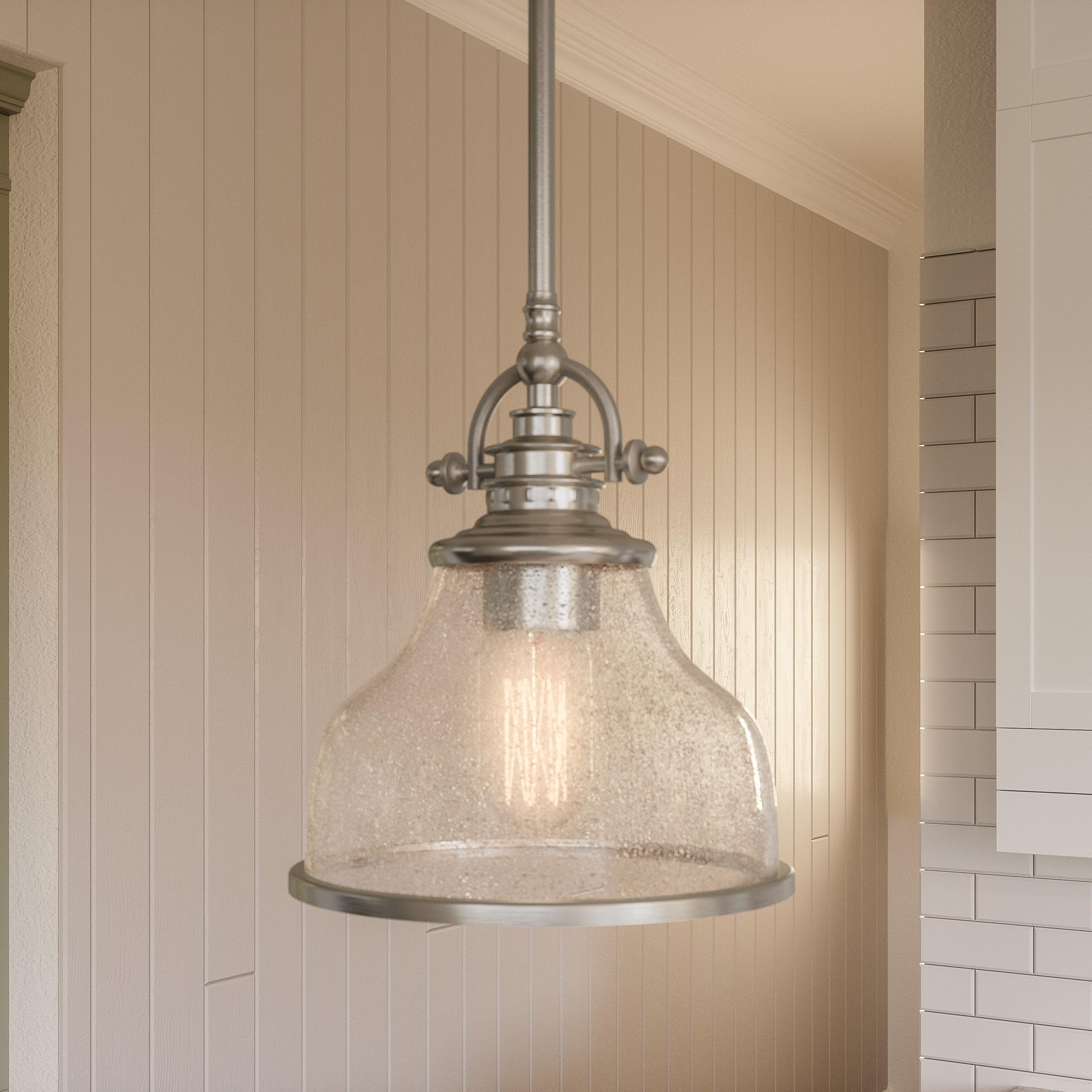 Quoizel Grant Mini Pendant Light Fixture - 8 Inch Brushed Nickel with Clear Seeded Glass Shade - Single Bulb Hanging Ceiling Light for Kitchen Island, Dining Room, Bedroom, Hallway, Bar, Cafe & Office - Perfect for Modern & Industrial Home Decor