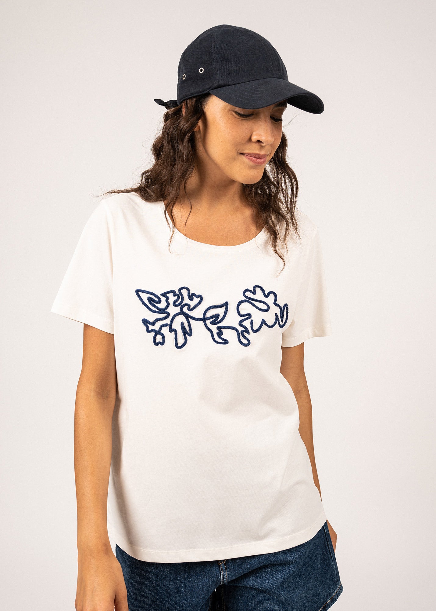 SANDY Women's Tee with Embossed Flower Embroidery - 100% Cotton T-Shirt (Ivory/Indigo) | Casual Summer Top for Outfits, Beach Wear & Everyday Fashion