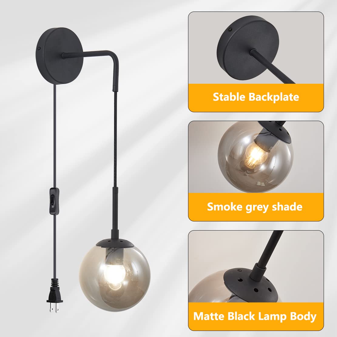 Modern Smoke Gray Glass Wall Sconce Lighting - Set of 2 Plug-in Cord Mid Century Matte Black Wall Lights for Bathroom Vanity & Bedroom - Energy Efficient Globe Fixture for Home Decor (Smoke Gray)