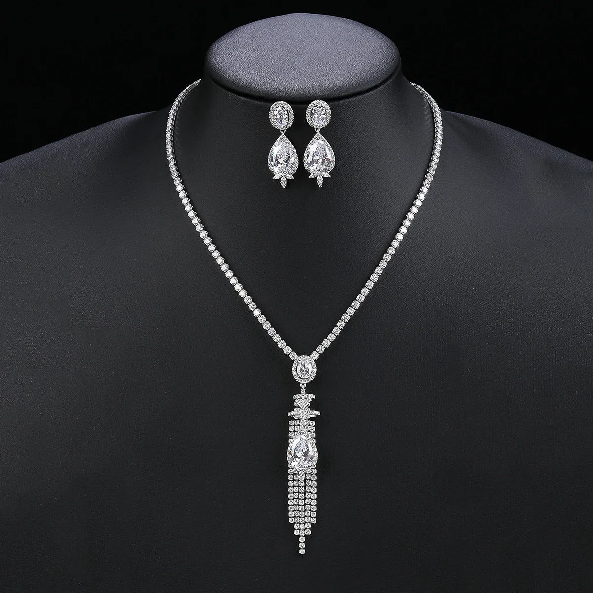 Elegant CZ Cubic Zirconia Long Tassel Pendant Necklace & Earrings Set for Women - Bridal Wedding Jewelry Gift Set (CN11008) | Perfect for Weddings, Anniversaries and Special Occasions