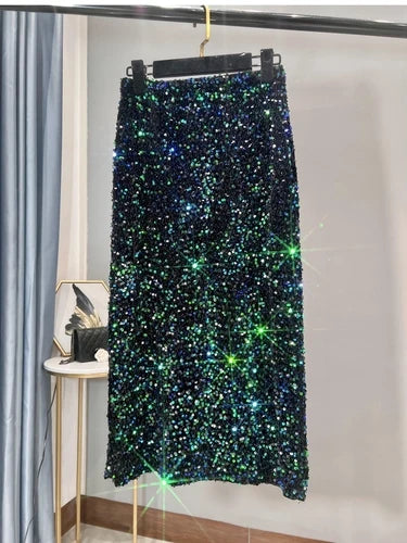 French High Waisted Slim Skirt for Women - Shiny Black Sequin Mid-Length Skirt with Side Split, Thickened Hip Design & All-Match Styling | Perfect for Parties, Date Nights & Evening Events