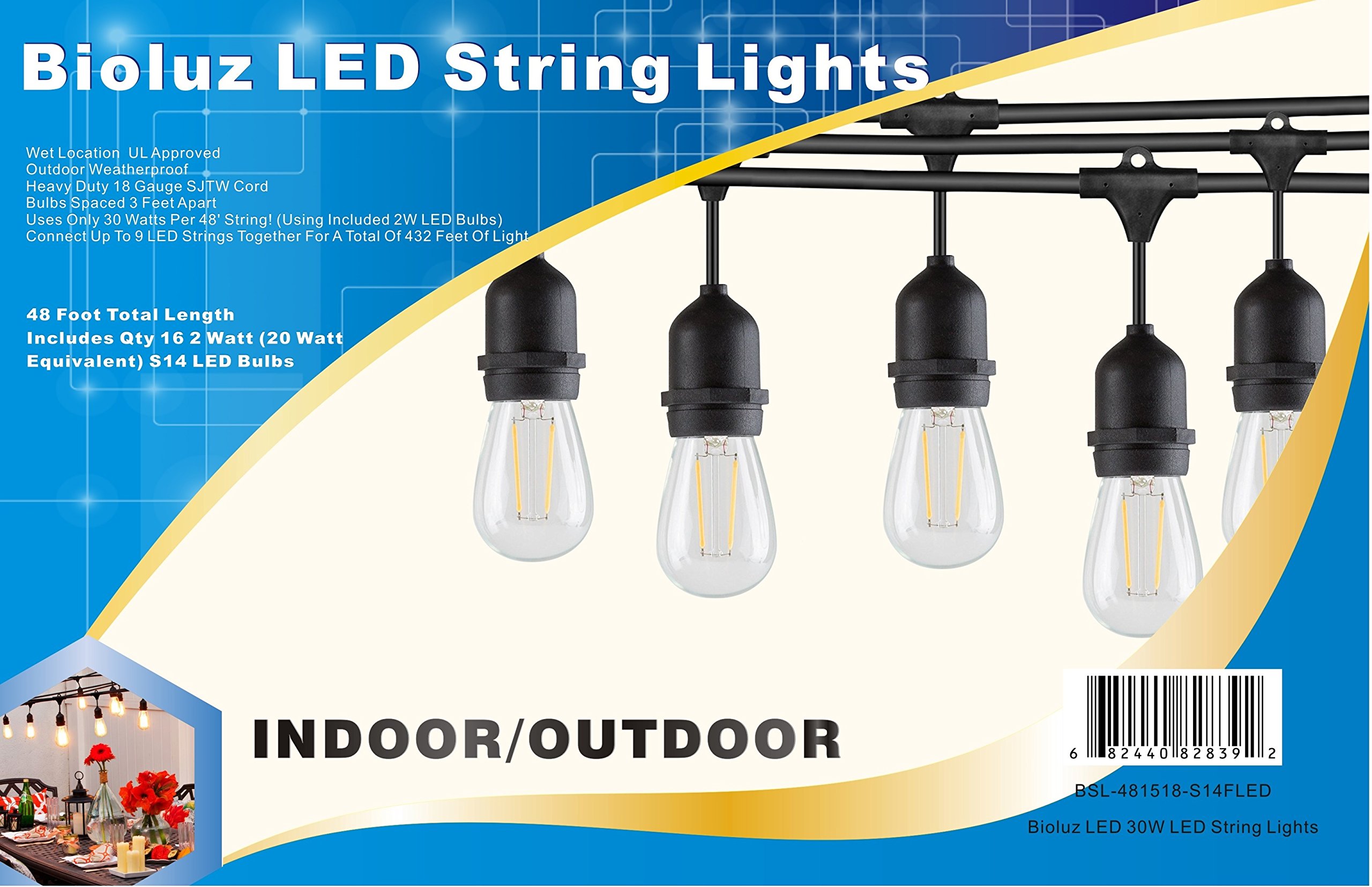 Bioluz 48ft LED Outdoor String Lights with Vintage Bulbs - Waterproof Patio Lights for Porch, Deck, Garden, Bistro & Party - UL Listed - Perfect for Backyard, Wedding, Cafe & Outdoor Decor