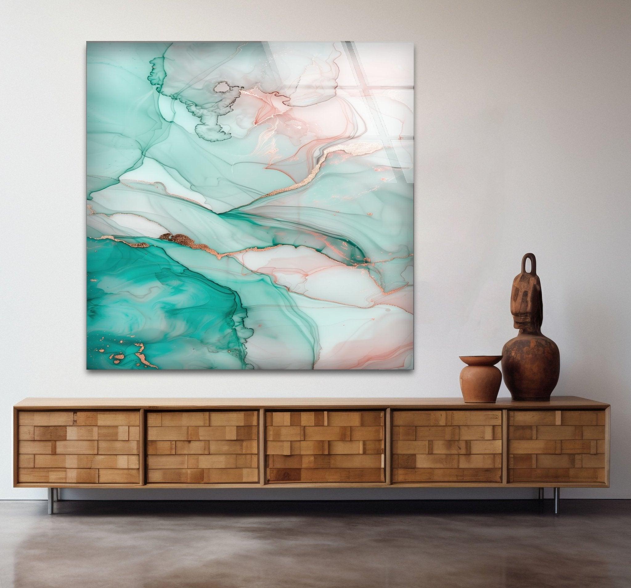 Abstract Blue Marble Ink Glass Wall Art - Modern Home Decor for Living Room, Bedroom & Office - Handmade Glass Painting for Unique Interior Design
