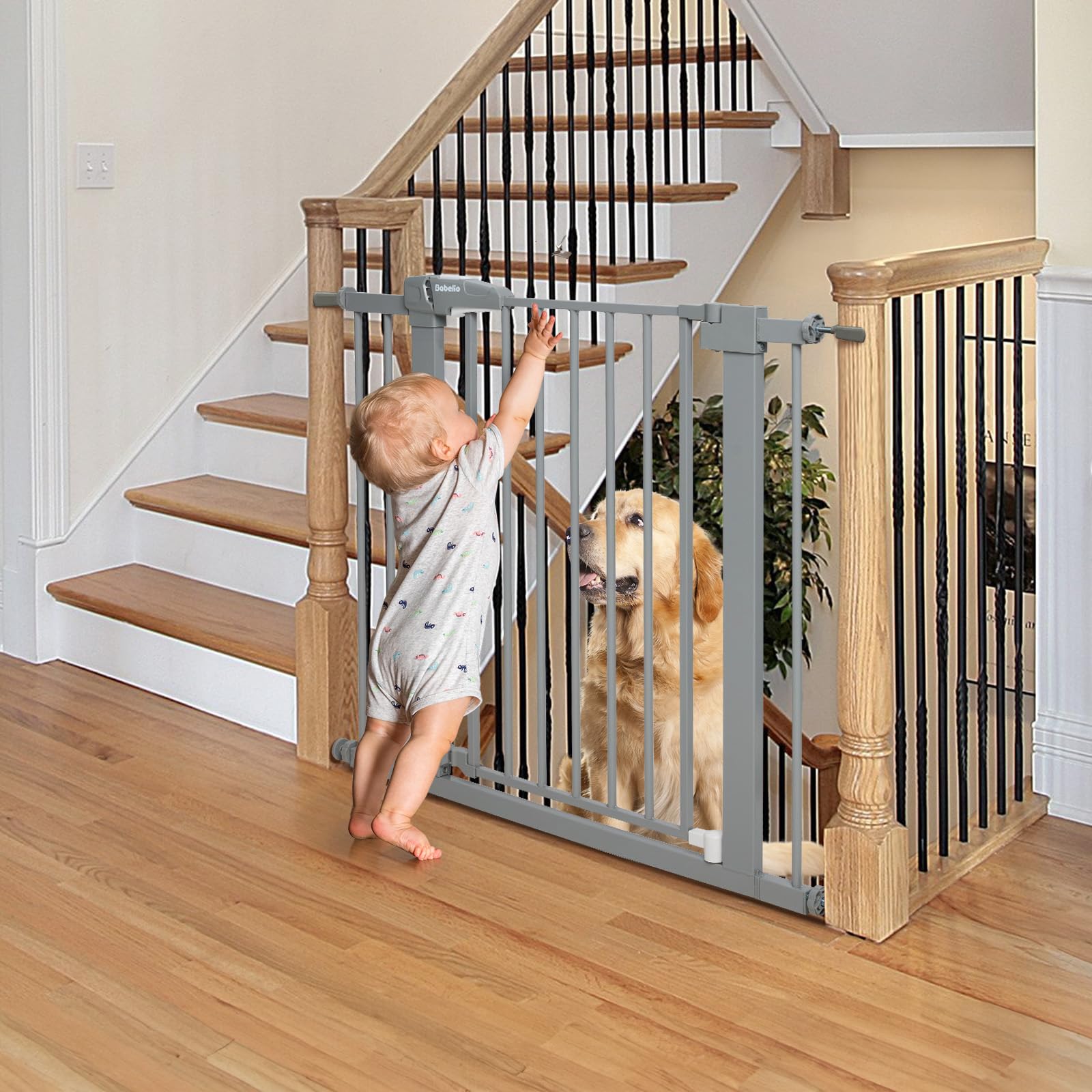 BABELIO 26-40 Inch Easy Install Pressure Mounted Baby Gate for Stairs & Doorways - No Drilling Pet Gate with Wall Protectors & Extenders, Child Safety & Dog Barrier (Gray) - Perfect for Homes with Toddlers & Pets