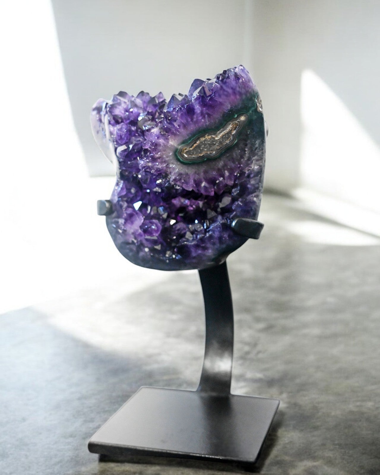 Natural Amethyst Crystal Geode on Wooden Stand - 5.2 lbs Healing Stone for Home Decor, Meditation & Spiritual Gifts | Perfect for Office Desk, Living Room & Yoga Space