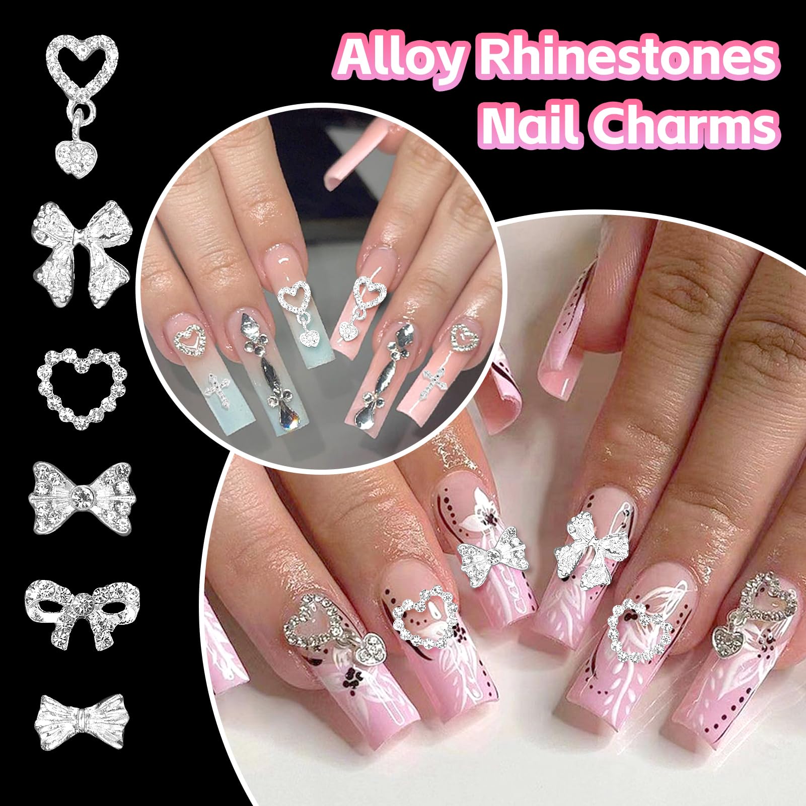 3D Bow Nail Charms - Silver Alloy Heart Dangle Gems for DIY Nail Art
