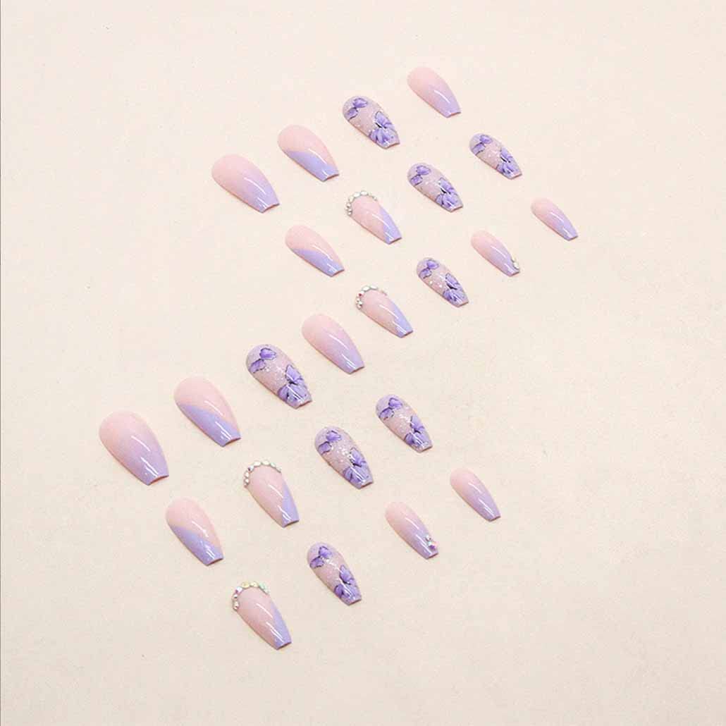 24PCS Purple Glitter Acrylic Press-On Nails with Rhinestone & Butterfly Design - Long Fake Nails for Women & Girls, Full Cover Artificial Nails with Sequins - Perfect for Parties, Weddings, and Special Occasions