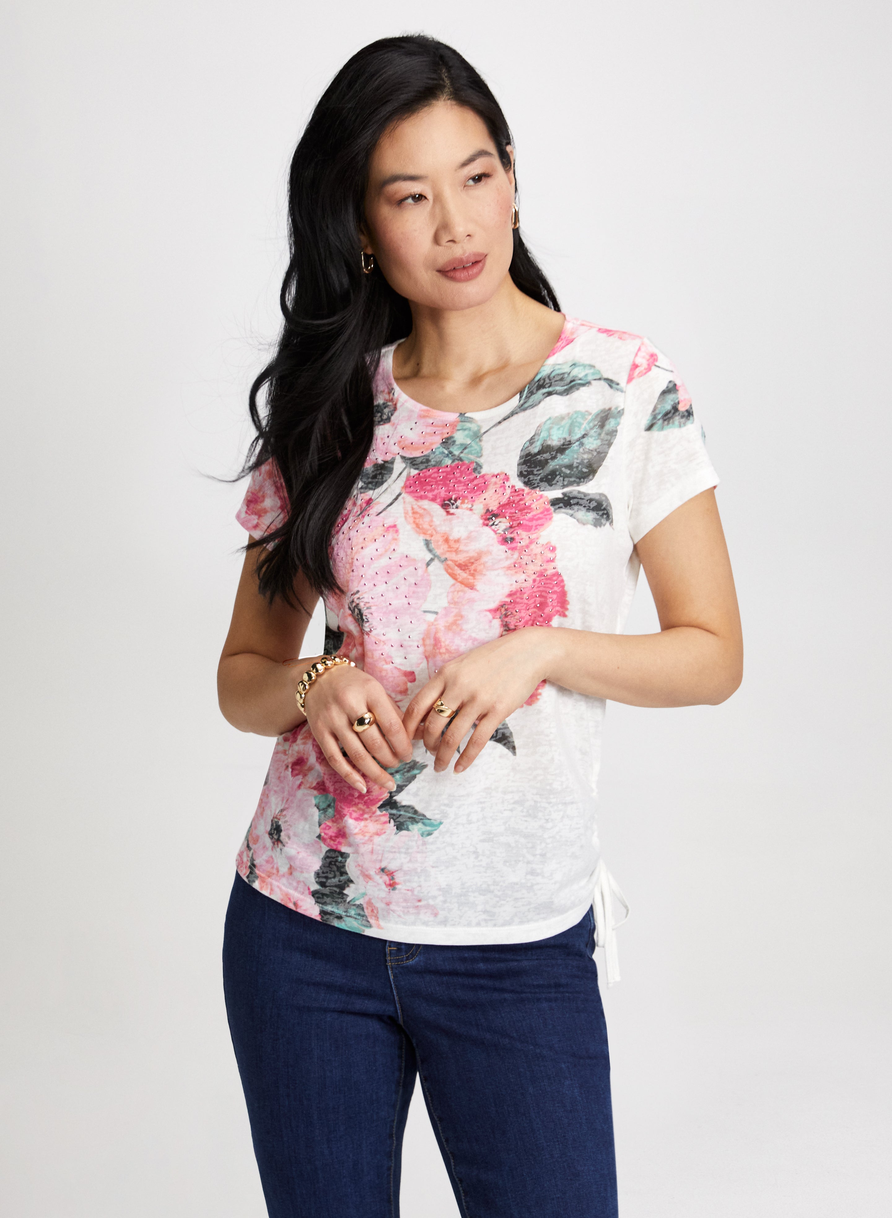 Floral Print Drawstring T-Shirt for Women - Casual Summer Blouse with Adjustable Waist - Perfect for Beach, Vacation & Outdoor Activities