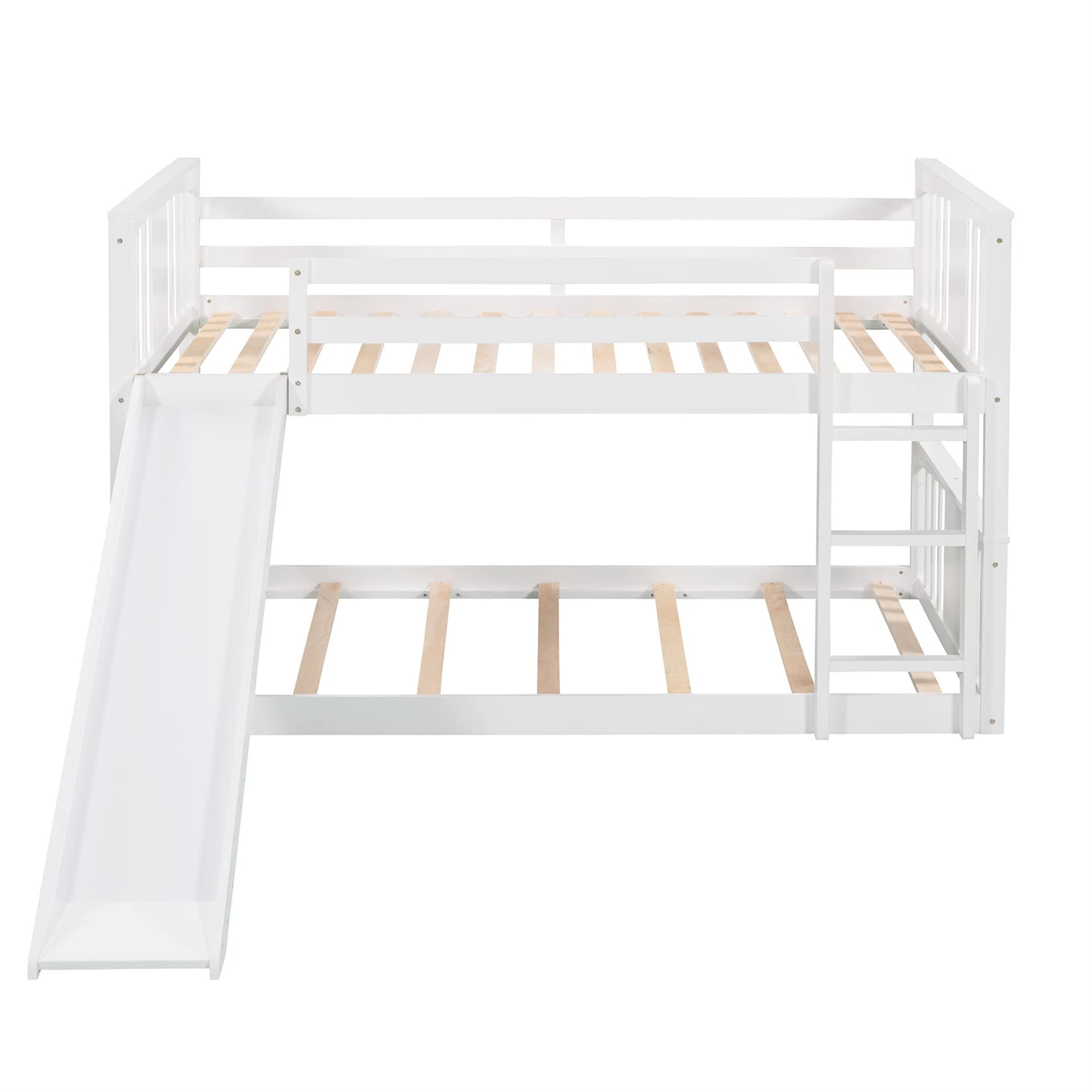 Twin Bunk Beds with Slide - Low Bunk Bed Frame Wood Twin Over Twin Bunkbed for Kids & Toddlers - Boys & Girls Bedroom Furniture - White - Perfect for Small Spaces & Shared Kids' Rooms