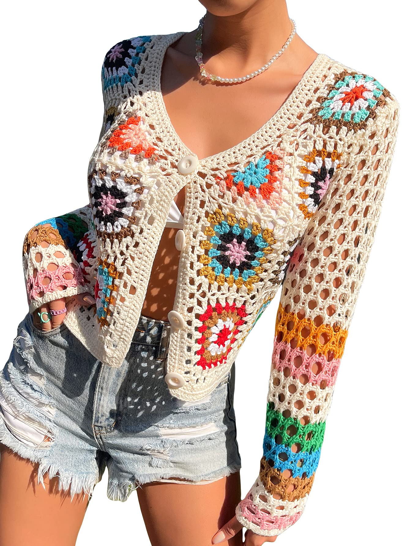 Stylish Women's Crochet Beach Cover Up Cardigan - Button Front Hollow Out Summer Sweater | Perfect for Beach Vacation, Pool Party & Boho Fashion Outfits