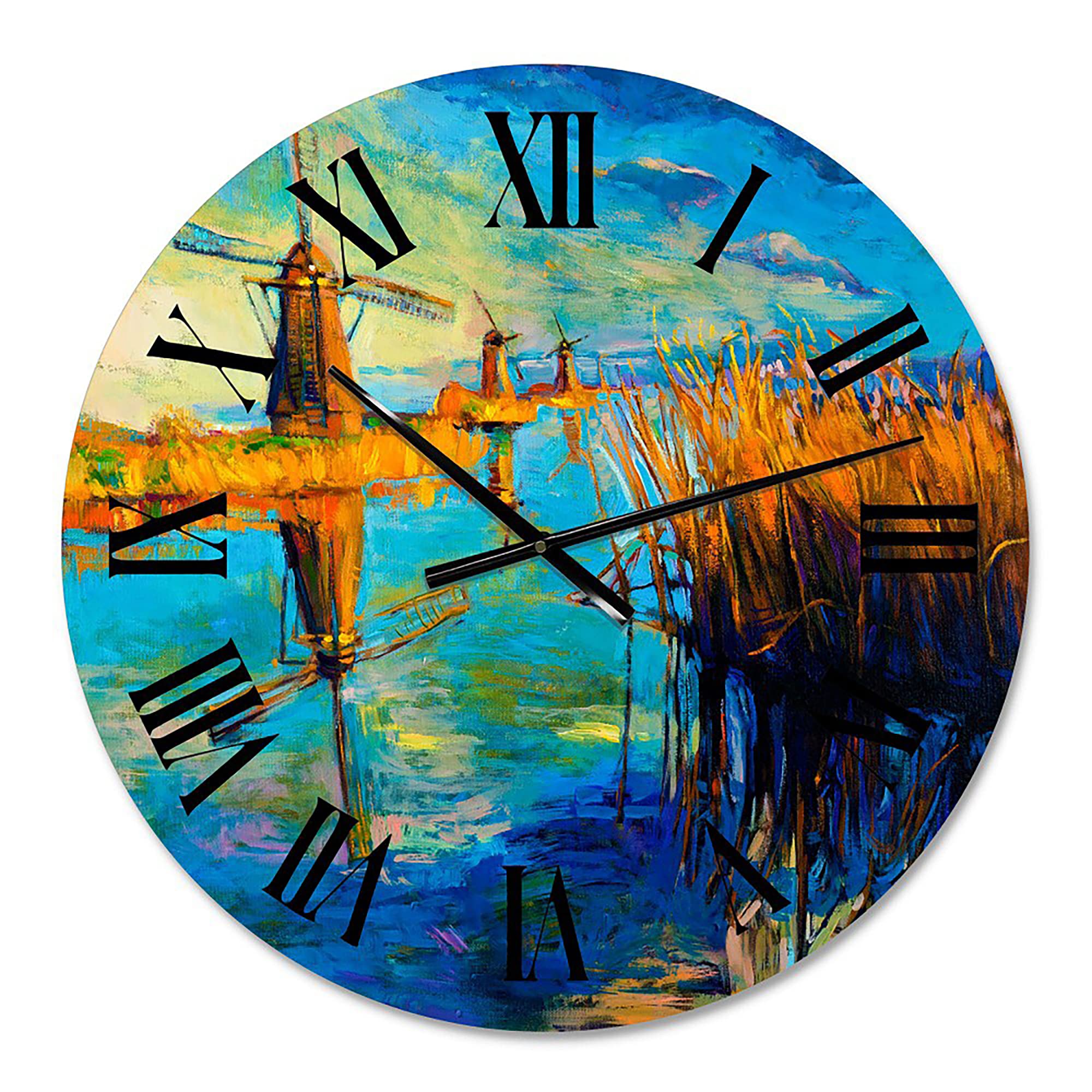 DesignQ Nautical Coastal Wall Clock - 'Windmills by The Deep Blue Lake' Round Blue Clock for Home, Office & Beach House Decor | Perfect for Living Room, Bedroom & Coastal-Themed Spaces