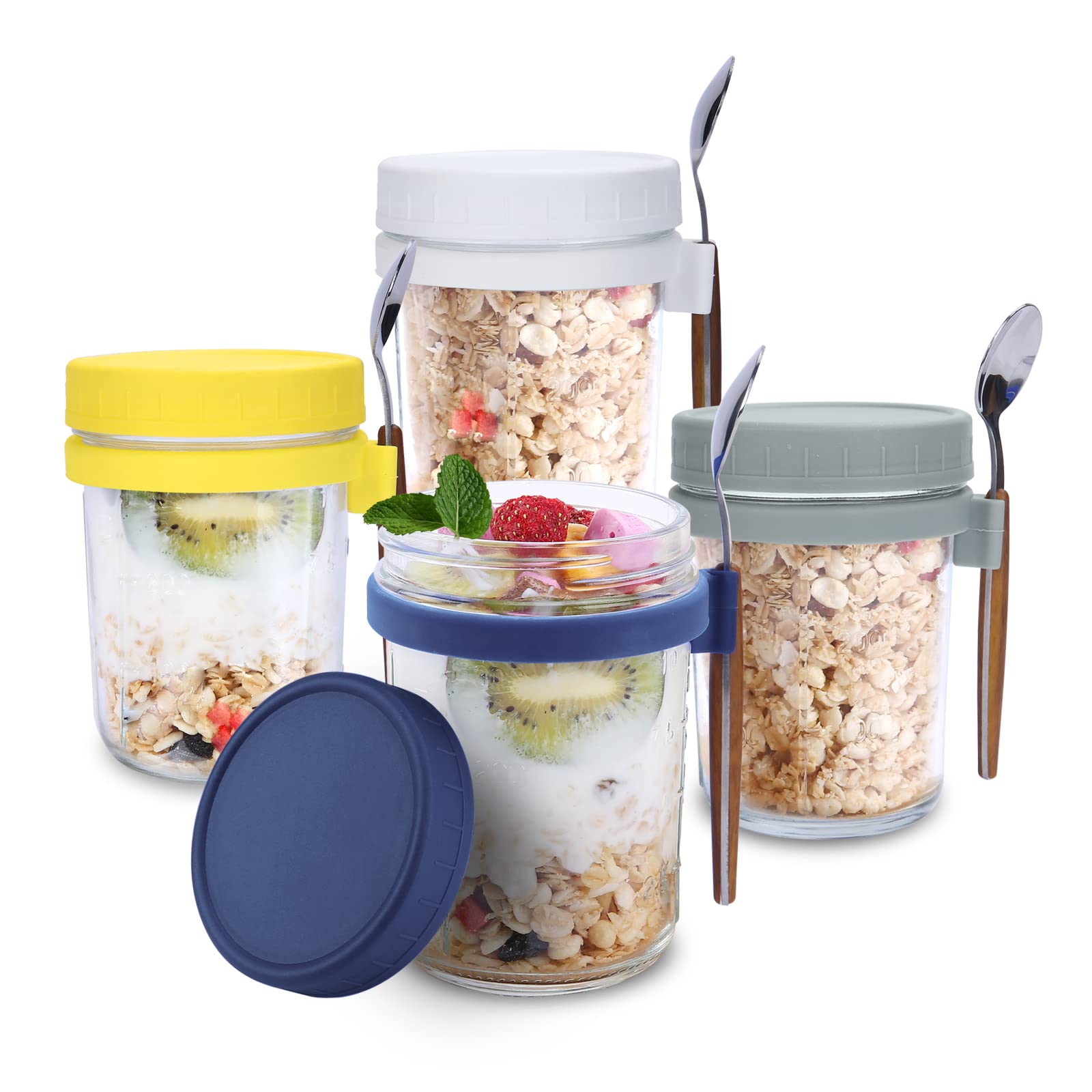 Oursouion 4 Pack Reusable Glass Overnight Oats Jars with Lids & Spoons - BPA-Free Breakfast Containers with Measurement Marks for Oatmeal, Yogurt, Milk, Cereal & Fruits - Perfect for Meal Prep, Office Lunch & Healthy On-The-Go Breakfast