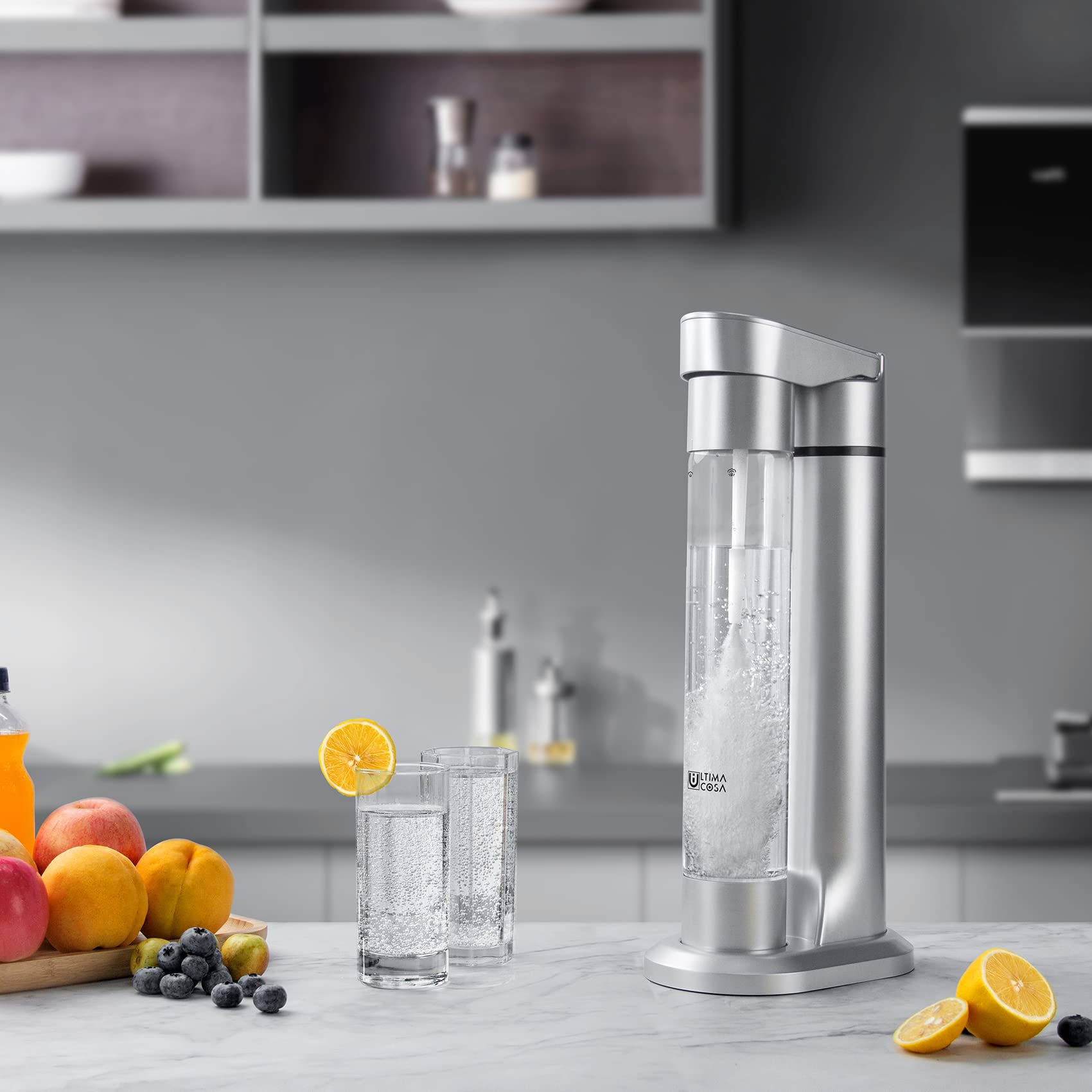 Sparkling Soda Maker with CO2 Cylinder - BPA-Free Home Carbonated Drink Machine for Homemade Sparkling Water, Juice & Coffee | Includes 1LB CO2 & Reusable Bottle (Silver) | Perfect for Parties, Healthy Drinks & DIY Beverages