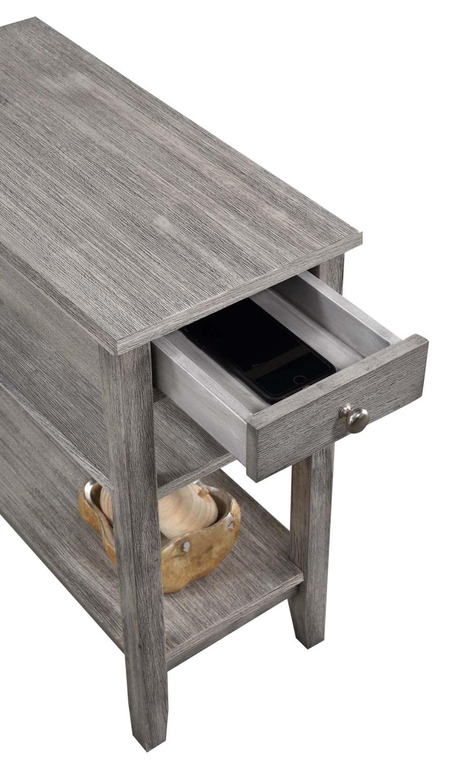 Convenience Concepts American Heritage Chairside End Table with Drawer - 23.5 Inch Classic Living Room Table with Storage Shelf | Bedroom Nightstand in Wirebrush Light Gray | Perfect for Living Room, Bedroom & Office Use