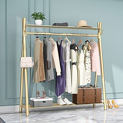 MAIKAILUN Heavy Duty Freestanding Industrial Gold Clothes Rack with Double Shelves - 47 Inch Movable Coat Rack for Organizing Clothes, Shoes, Jackets - Perfect for Bedroom, Closet, Laundry Room or Retail Store Display