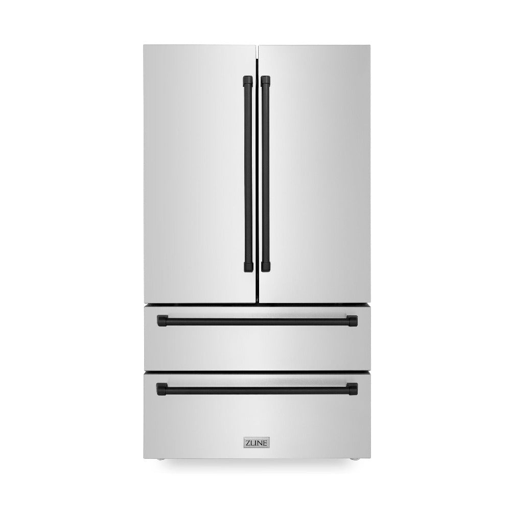 ZLINE Autograph Edition 36 Inch Counter Depth French Door Refrigerator - 22.5 cu.ft Capacity with Ice Maker, Fingerprint Resistant Stainless Steel & Matte Black Handles (RFMZ 36 MB) - Perfect for Modern Kitchens, Open Concept Homes and Gourmet Cooking Spaces