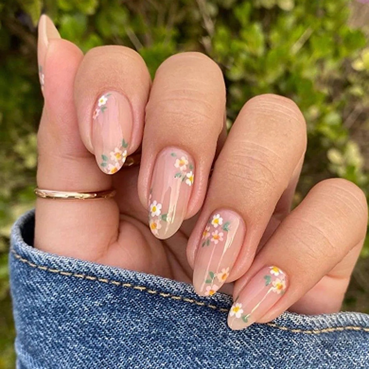 24Pcs Press on Fake Nails with Jelly Glue - Almond Shaped Acrylic Nails with Fresh Flowers French Design for Summer | DIY Manicure at Home, Perfect for Parties, Weddings & Daily Wear