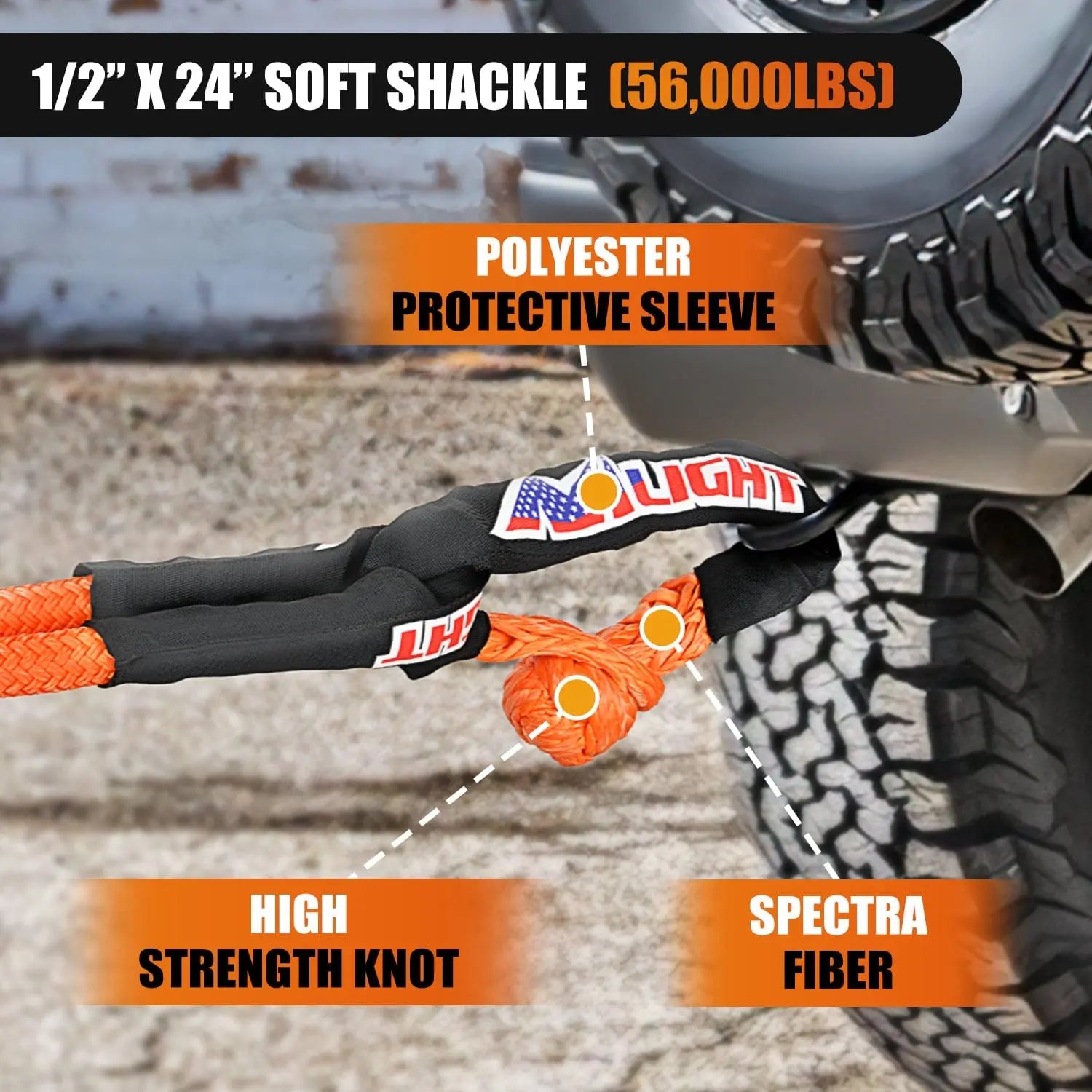 1In x 30FT Heavy Duty Kinetic Recovery Rope with 2PCS 1/2In x 24In Soft Shackles - Off-Road Vehicle Recovery, Towing, and Emergency Rescue Gear for Trucks, Jeeps, and SUVs